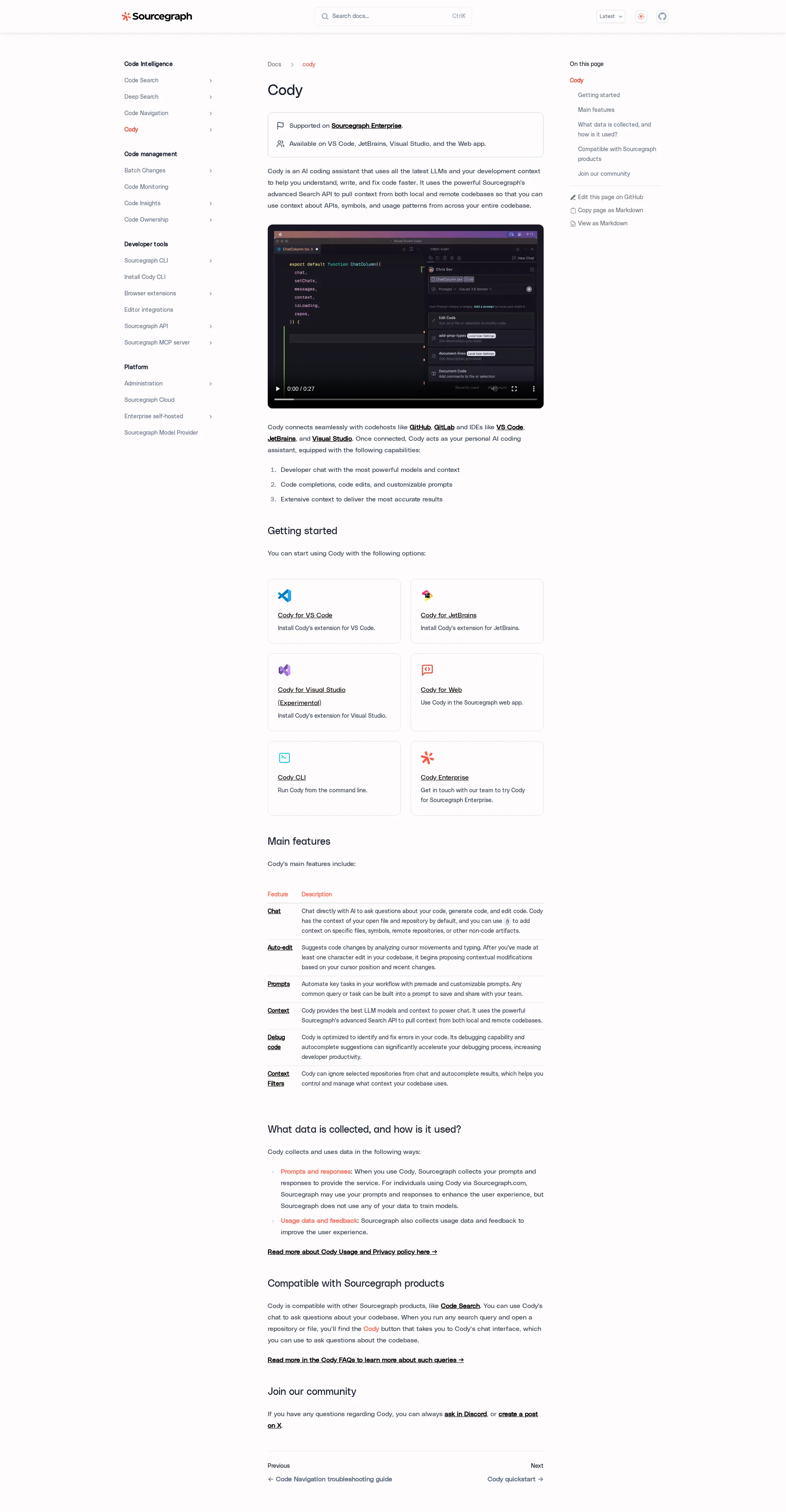 Sourcegraph Cody pricing page screenshot