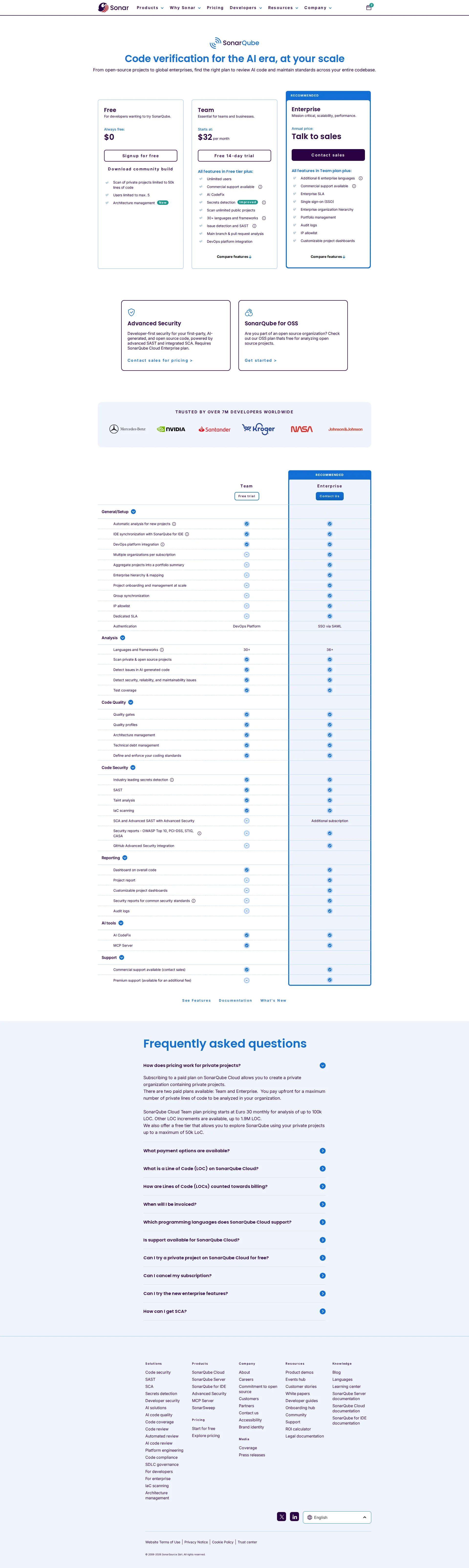 SonarCloud pricing page screenshot