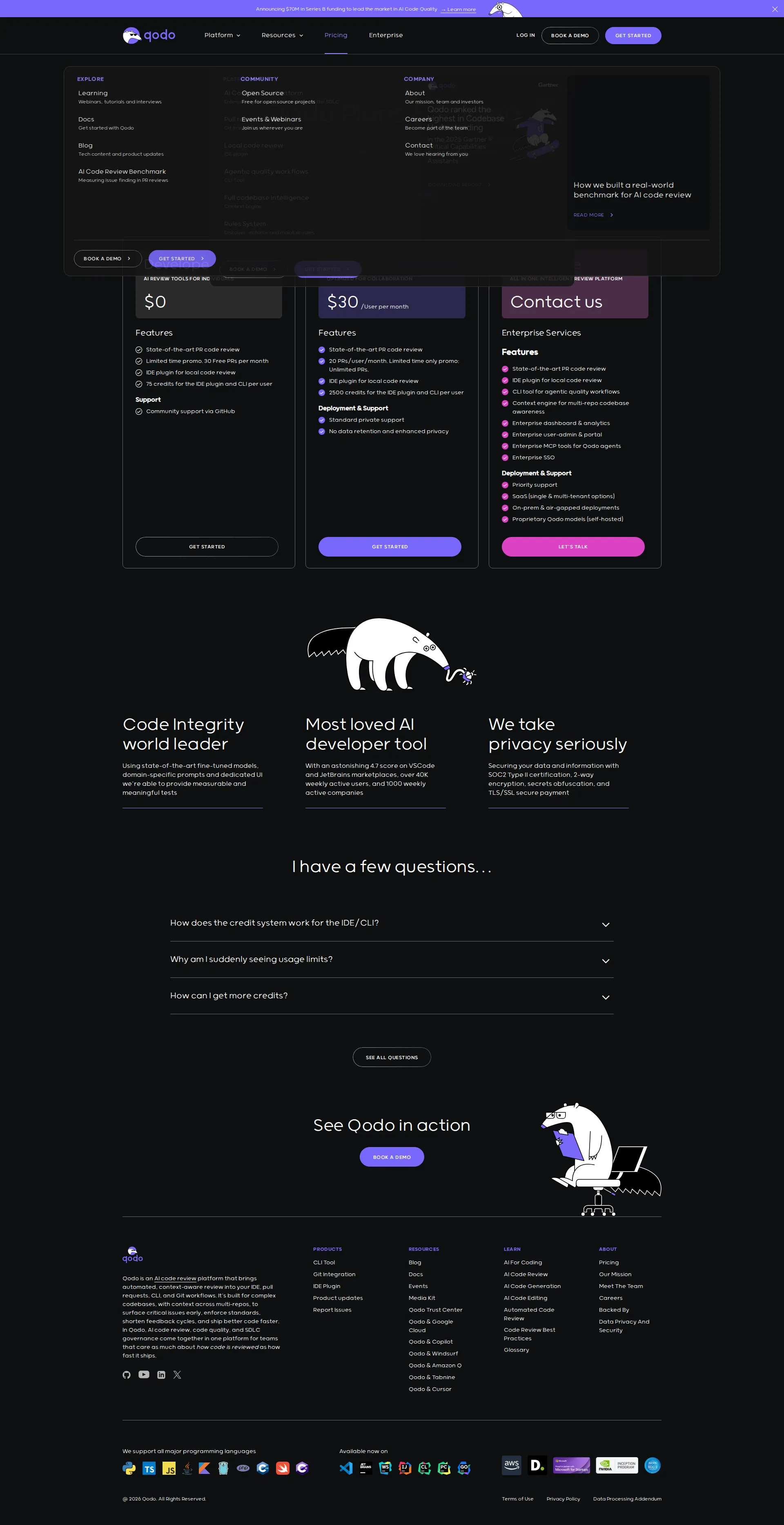 Qodo pricing page screenshot