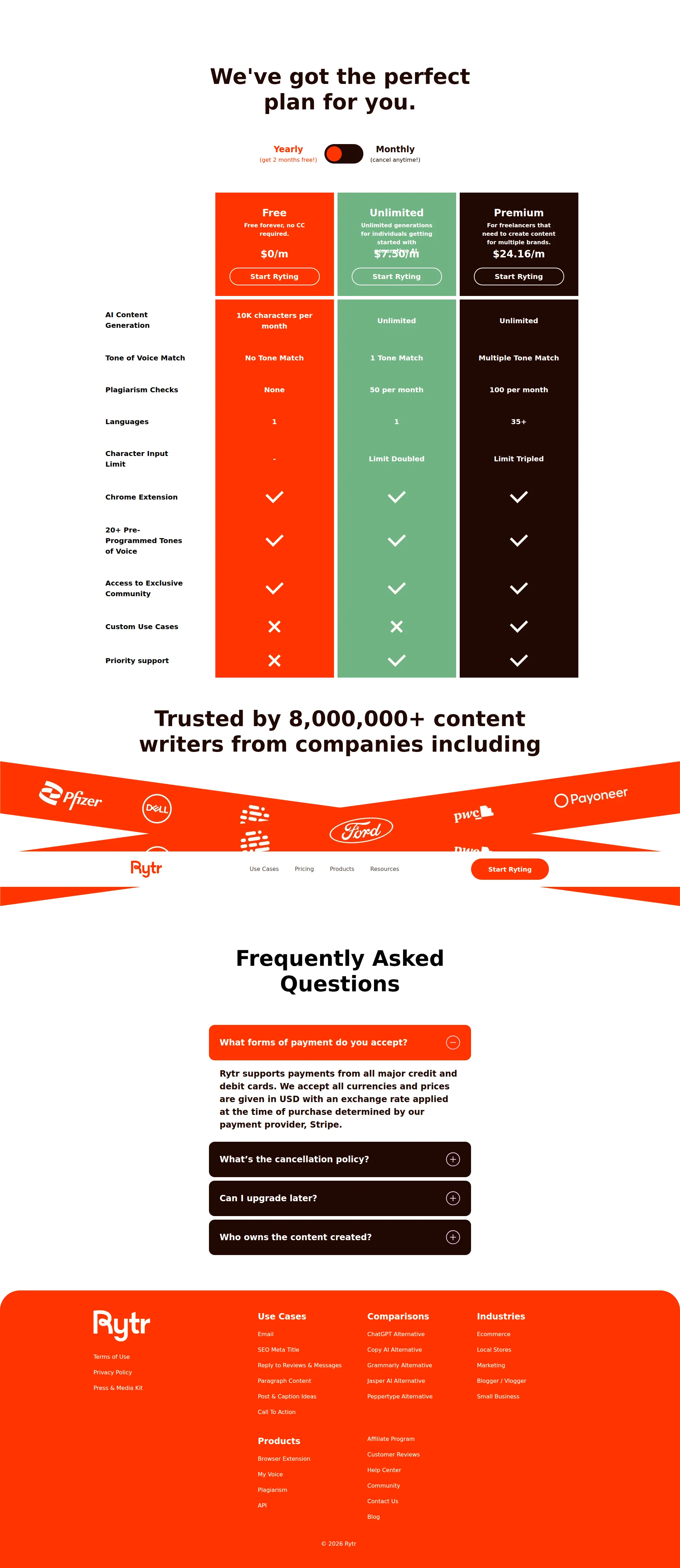Rytr pricing page screenshot