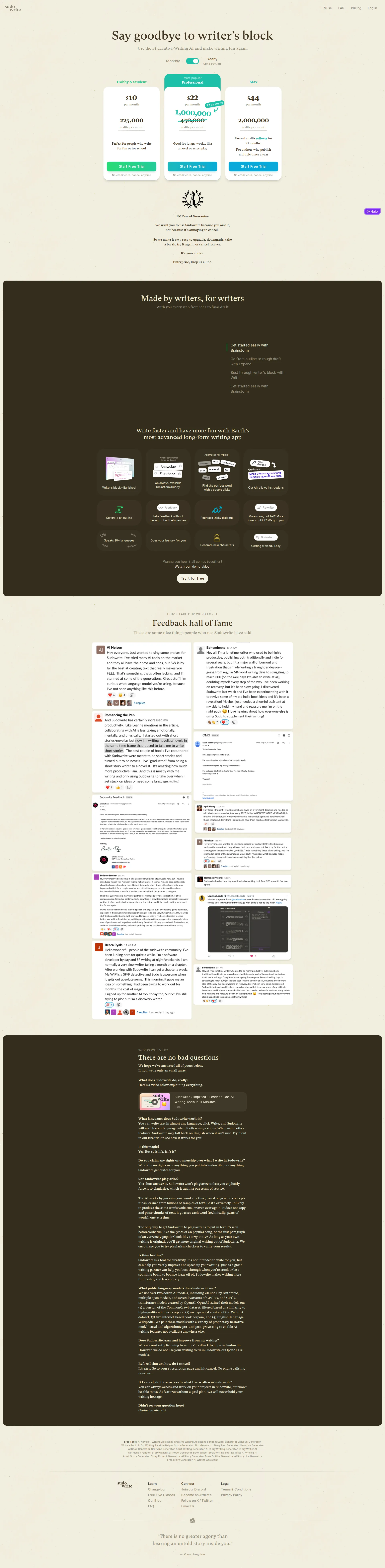 Sudowrite pricing page screenshot