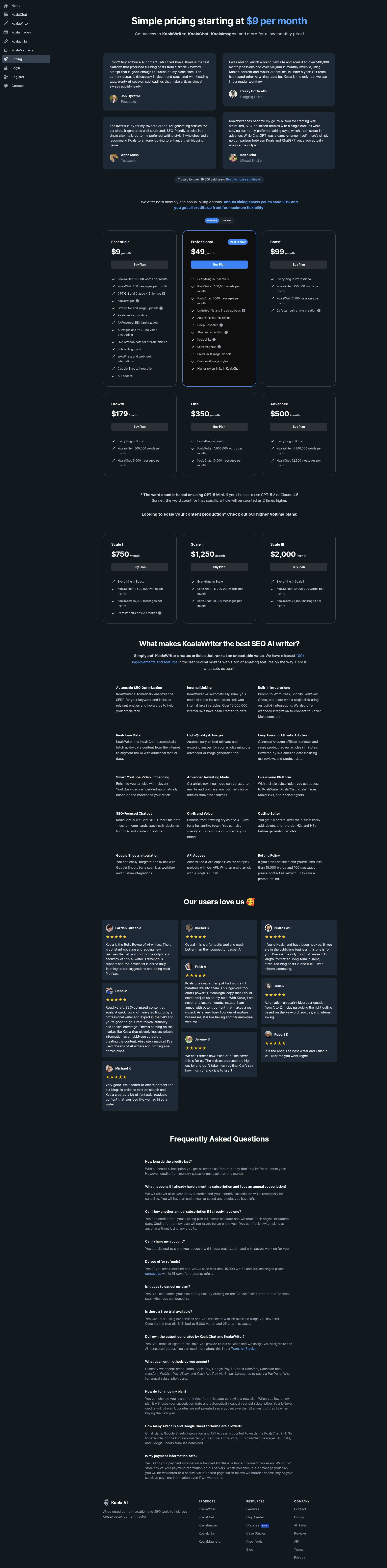 Koala pricing page screenshot