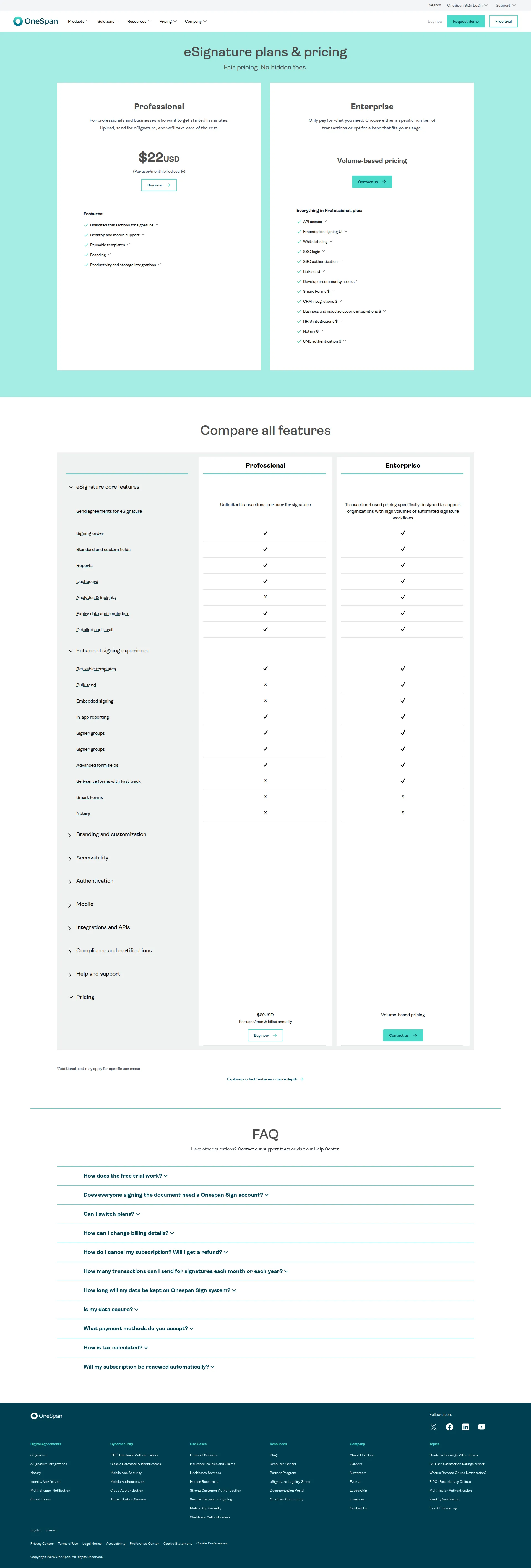 OneSpan Sign pricing page screenshot