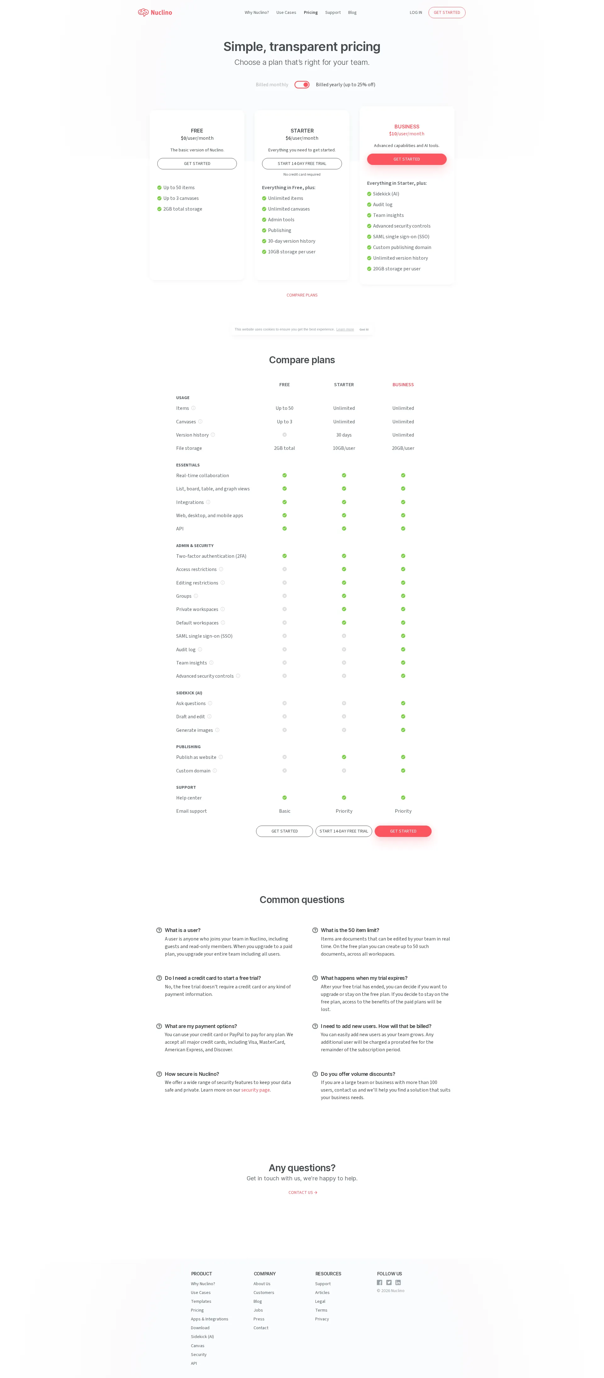 Nuclino pricing page screenshot