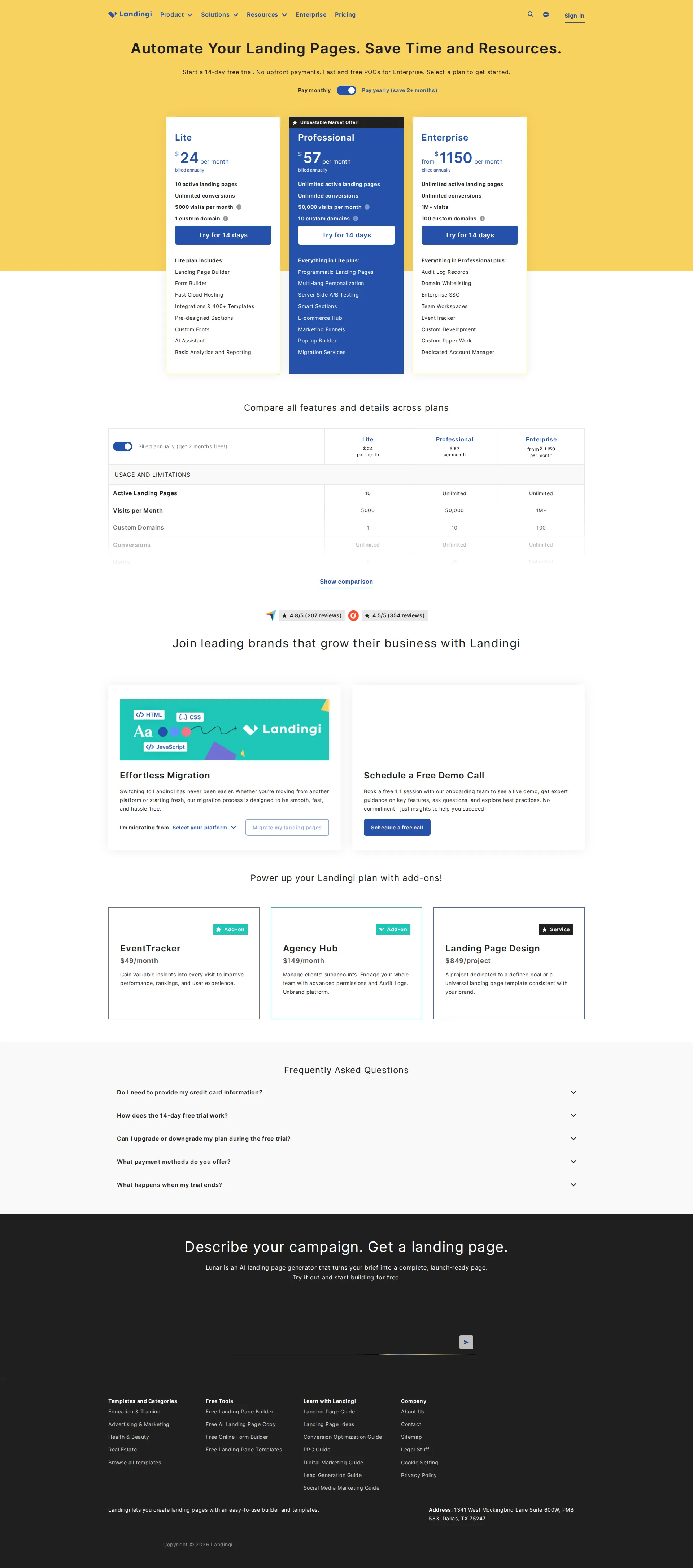 Landingi pricing page screenshot