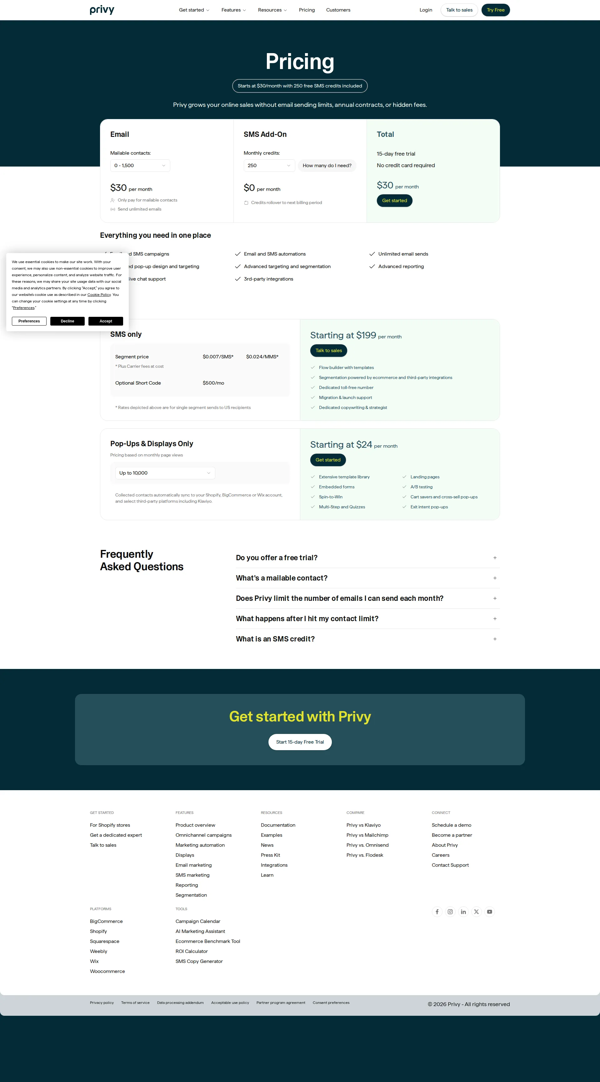 Privy pricing page screenshot