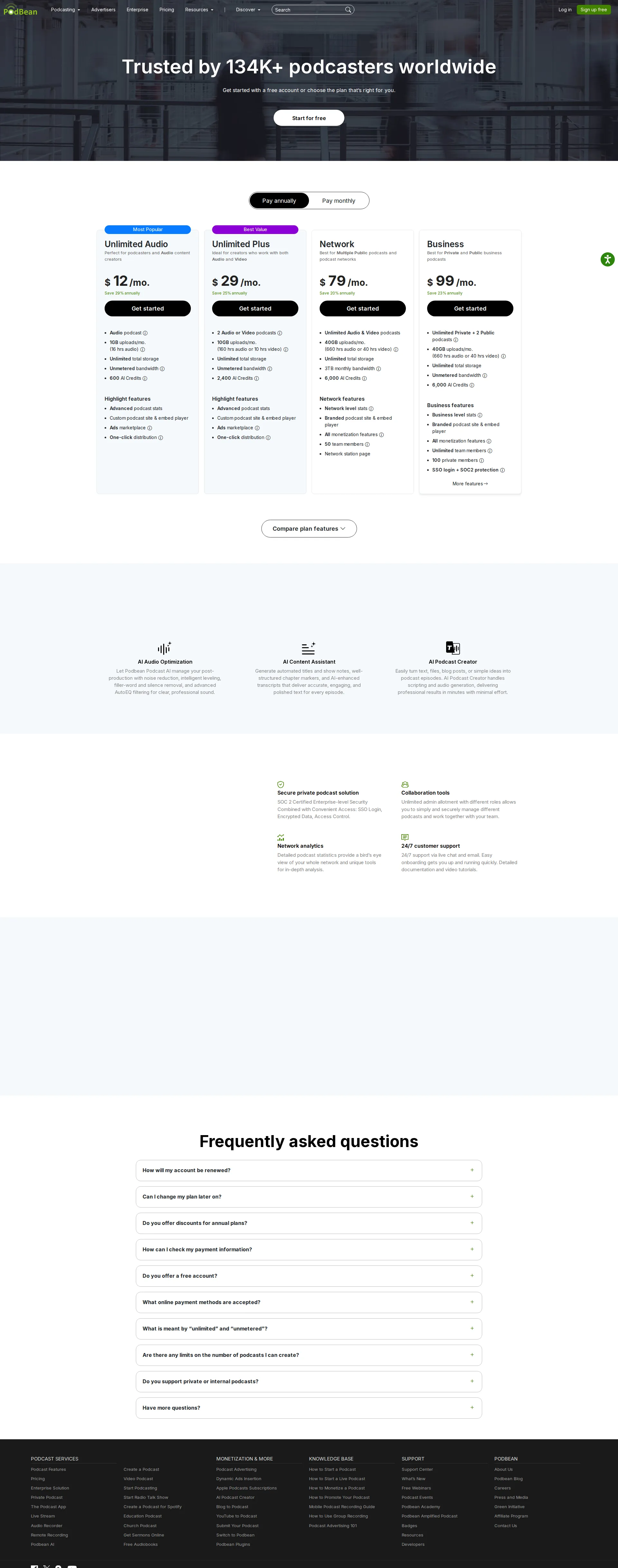 Podbean pricing page screenshot