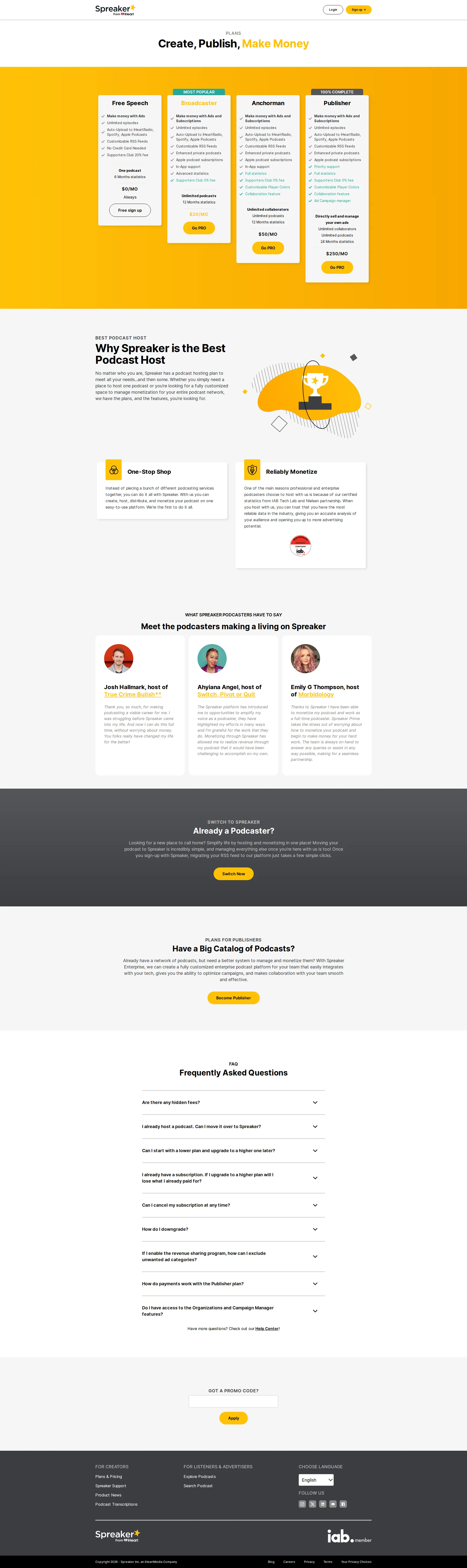Spreaker pricing page screenshot