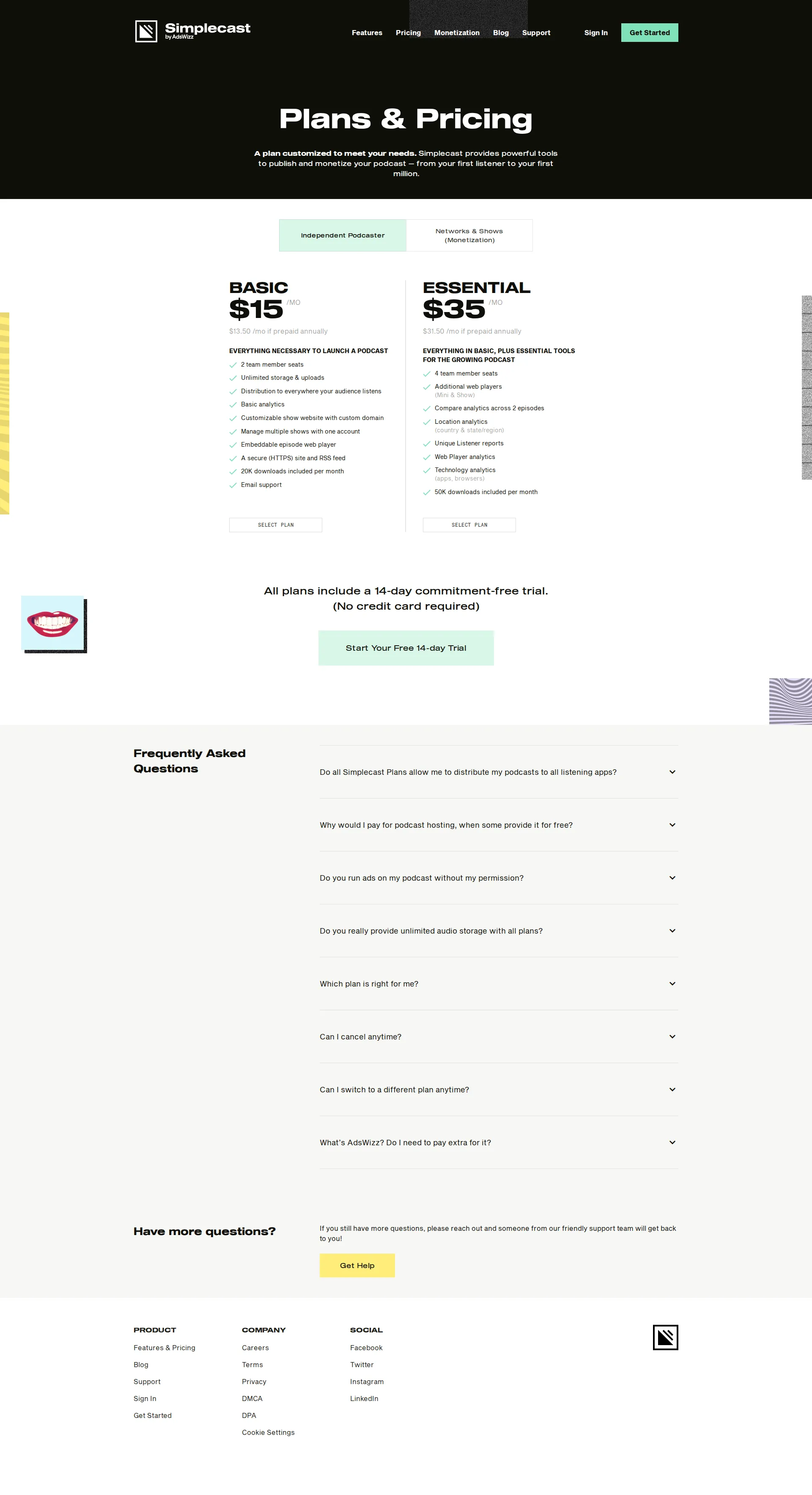 Simplecast pricing page screenshot