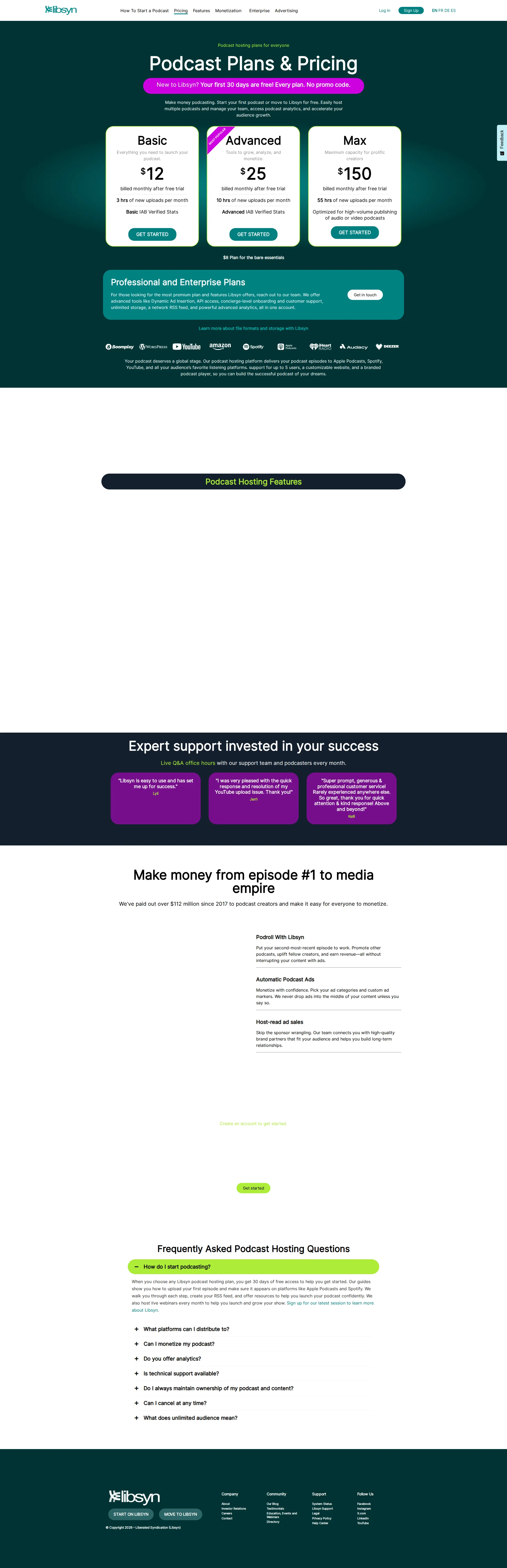 Libsyn pricing page screenshot