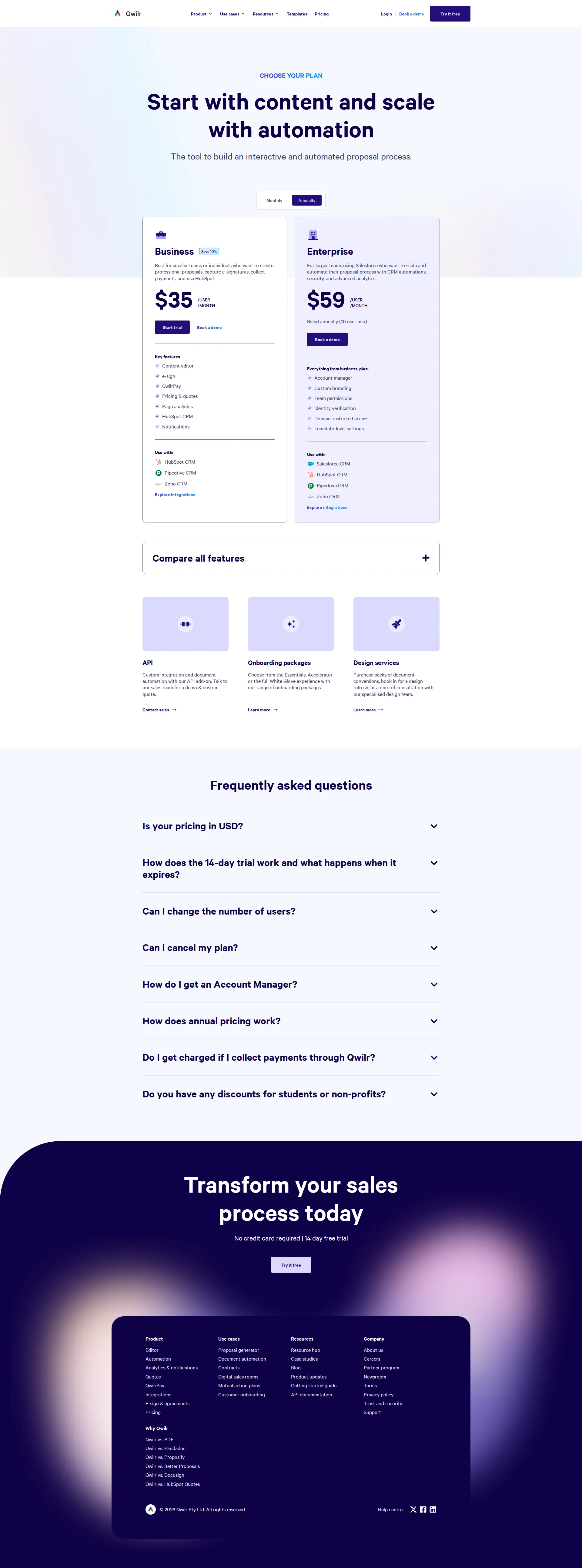 Qwilr pricing page screenshot