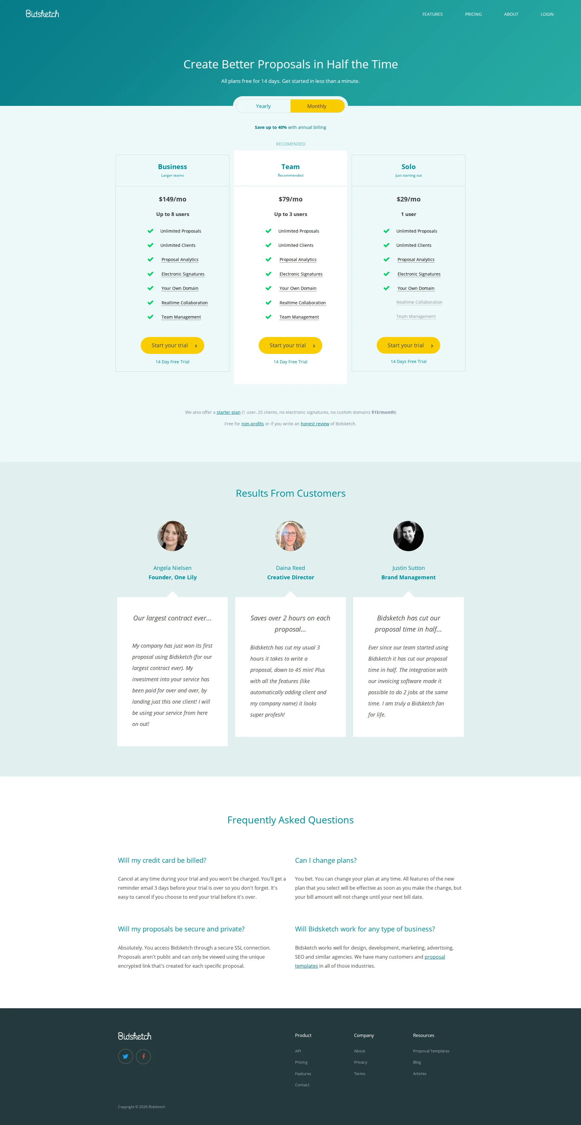 Bidsketch pricing page screenshot