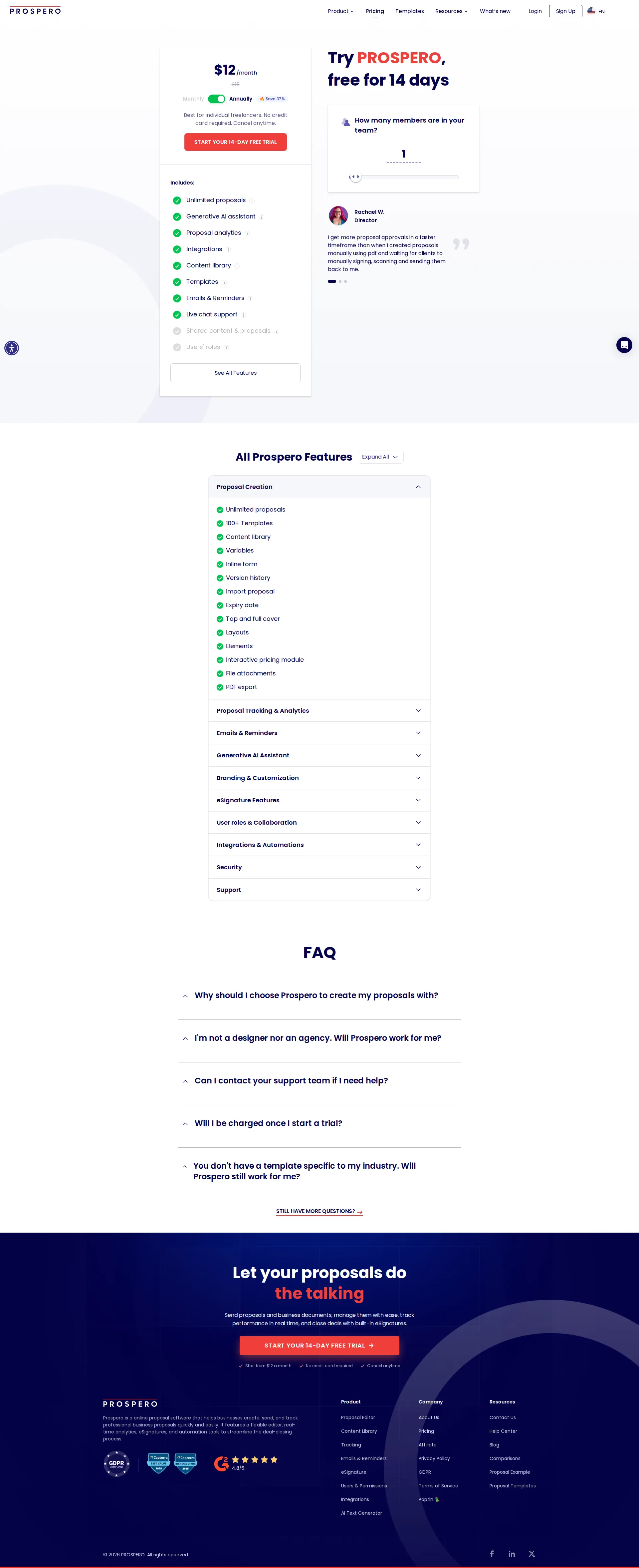 Prospero pricing page screenshot