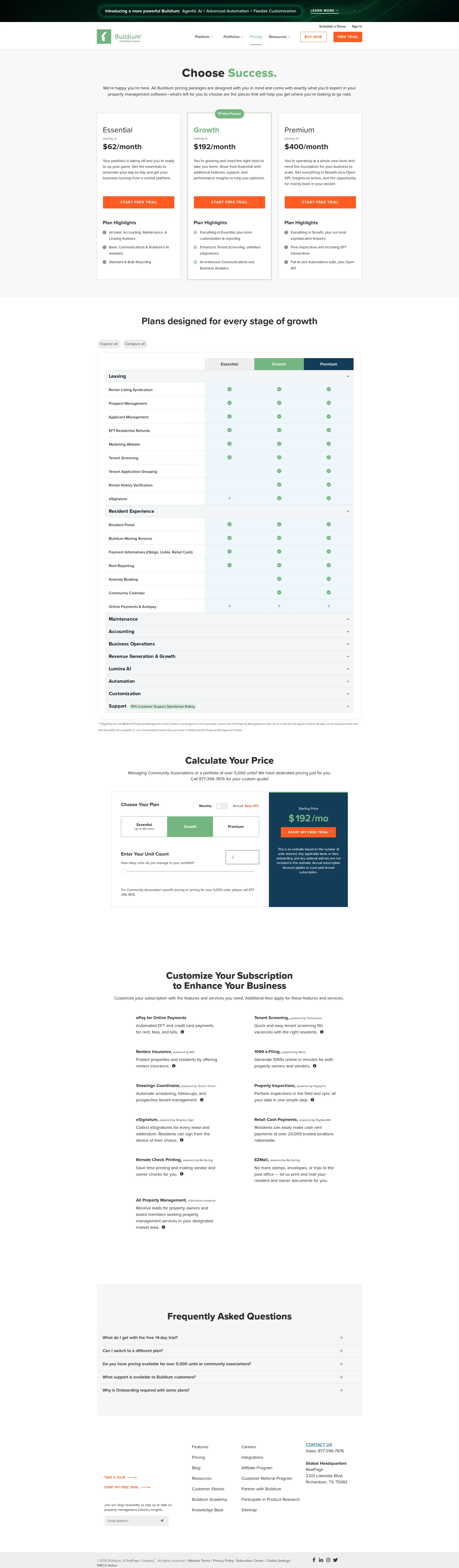 Buildium pricing page screenshot