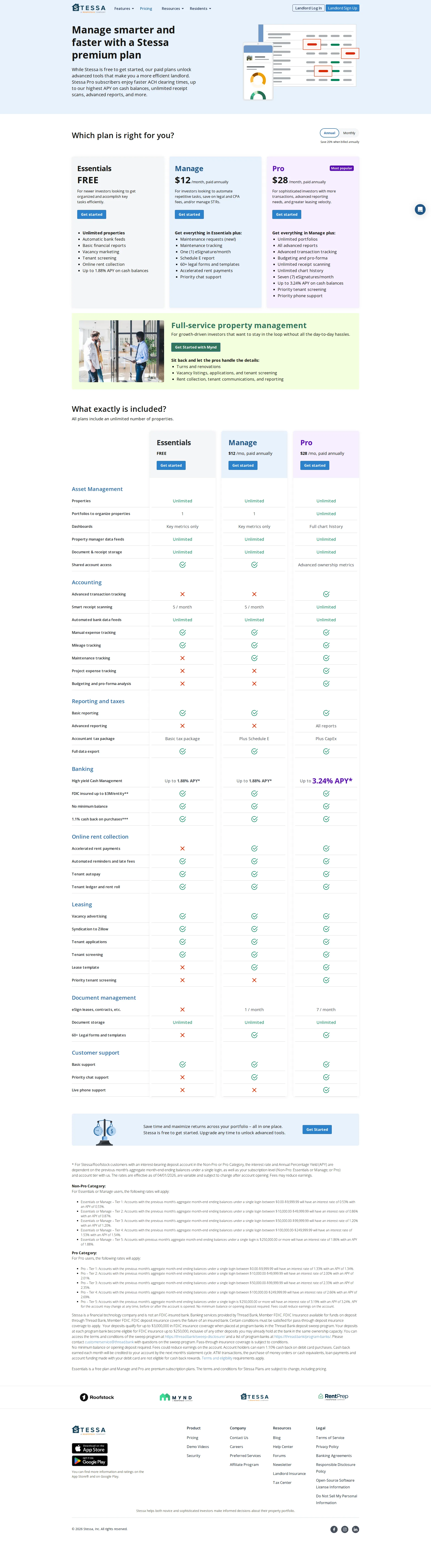 Stessa pricing page screenshot