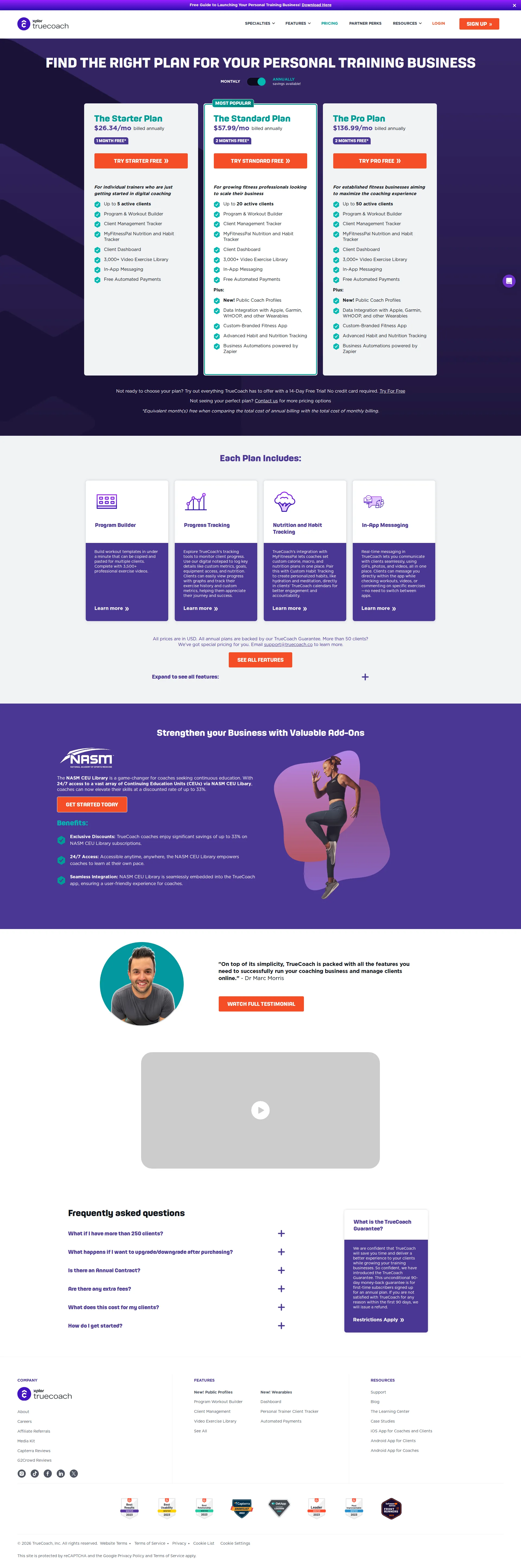 TrueCoach pricing page screenshot