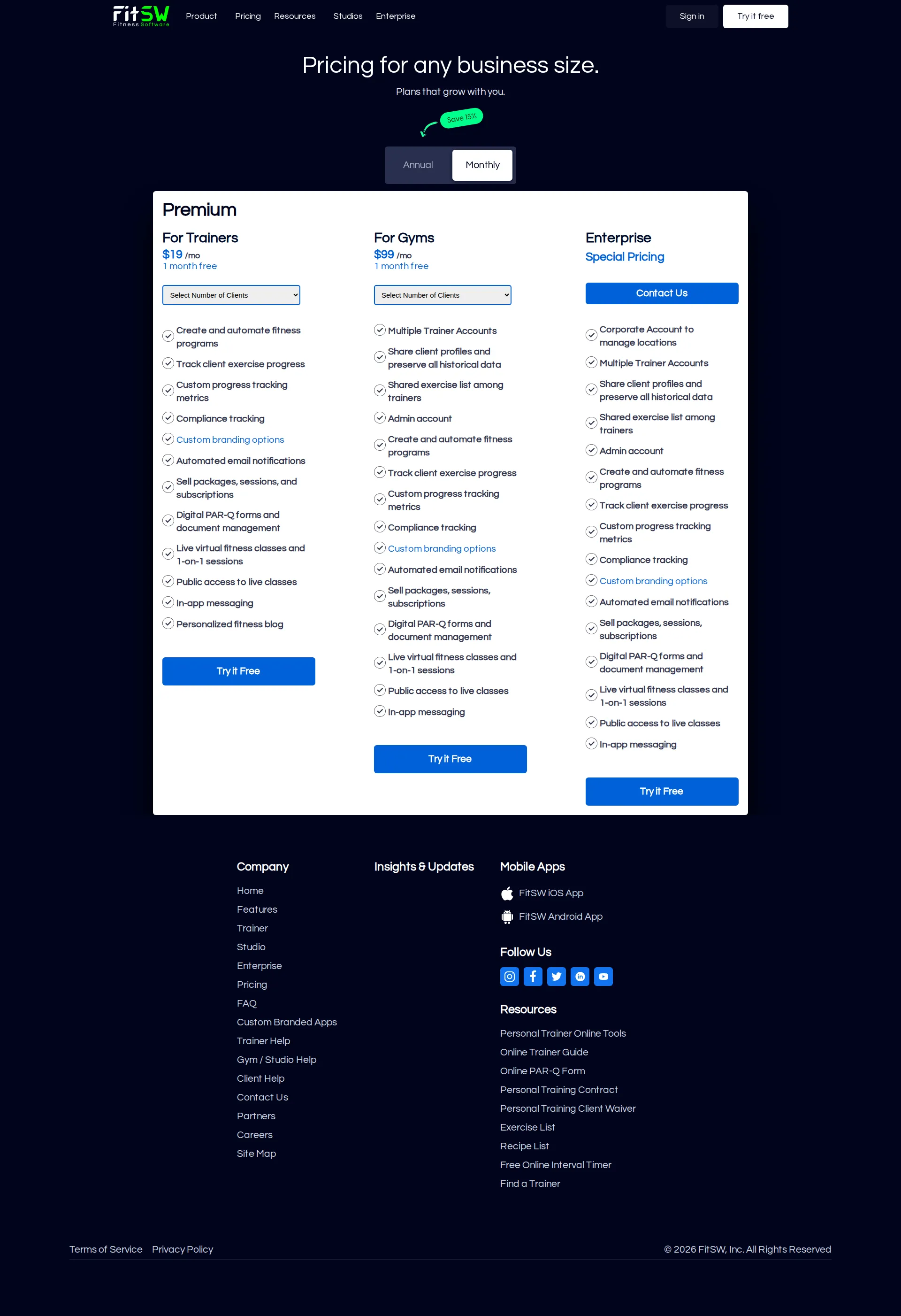 FitSW pricing page screenshot