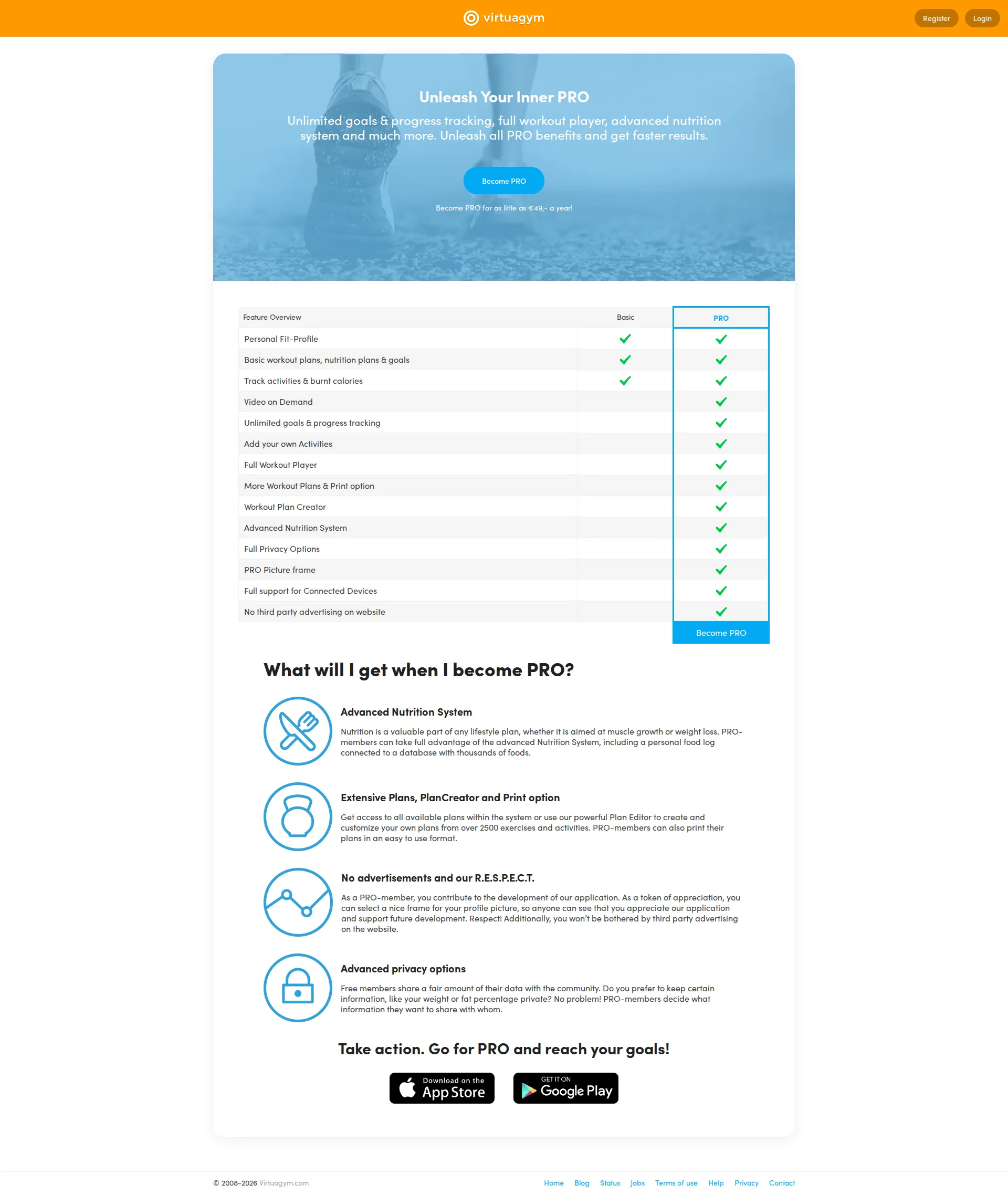 Virtuagym pricing page screenshot