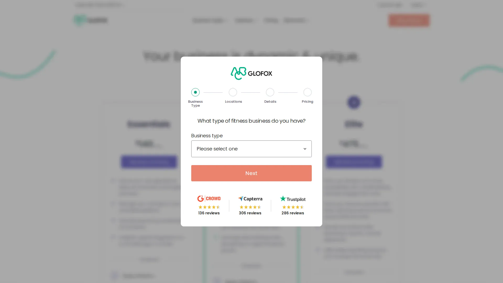 Glofox pricing page screenshot
