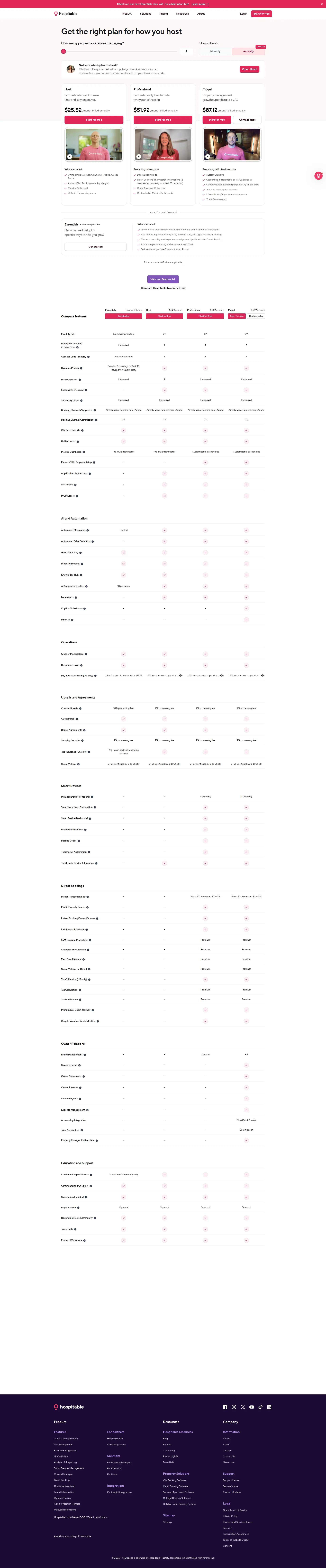 Hospitable pricing page screenshot
