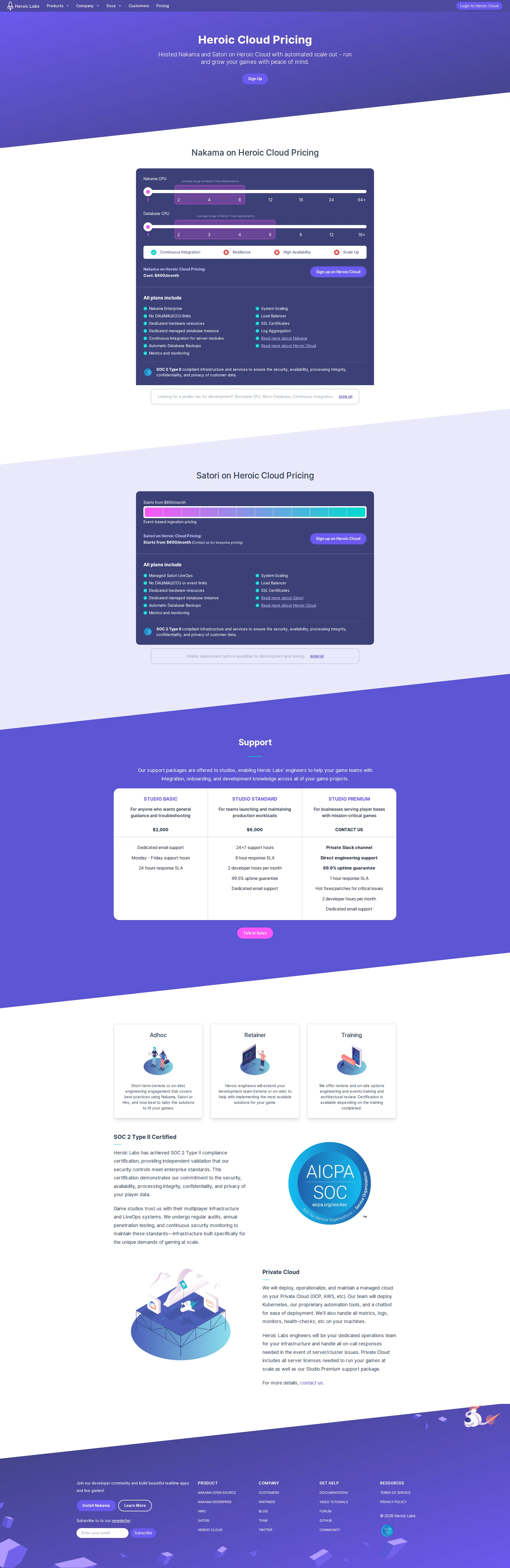Heroic Labs pricing page screenshot