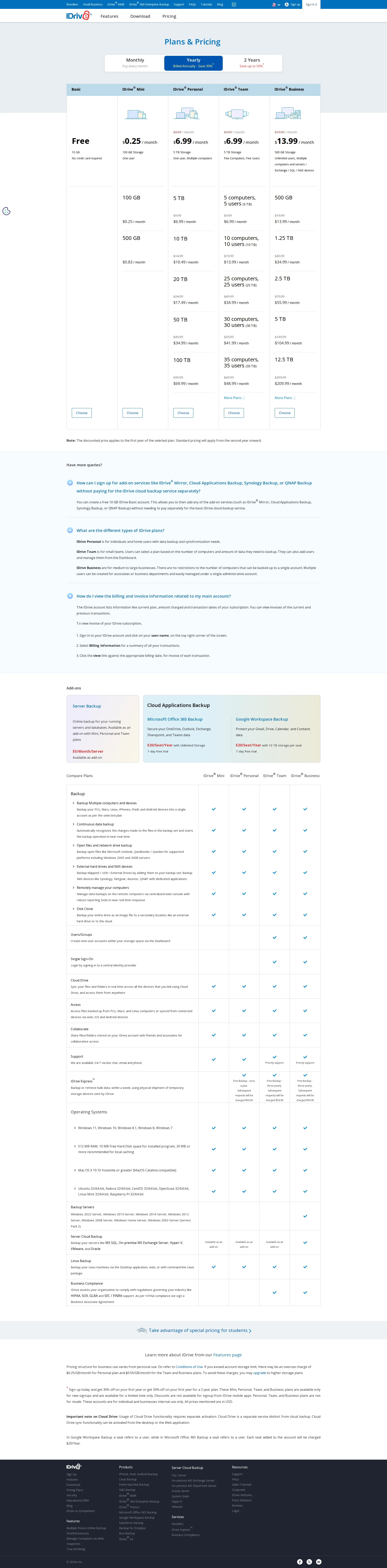 iDrive pricing page screenshot