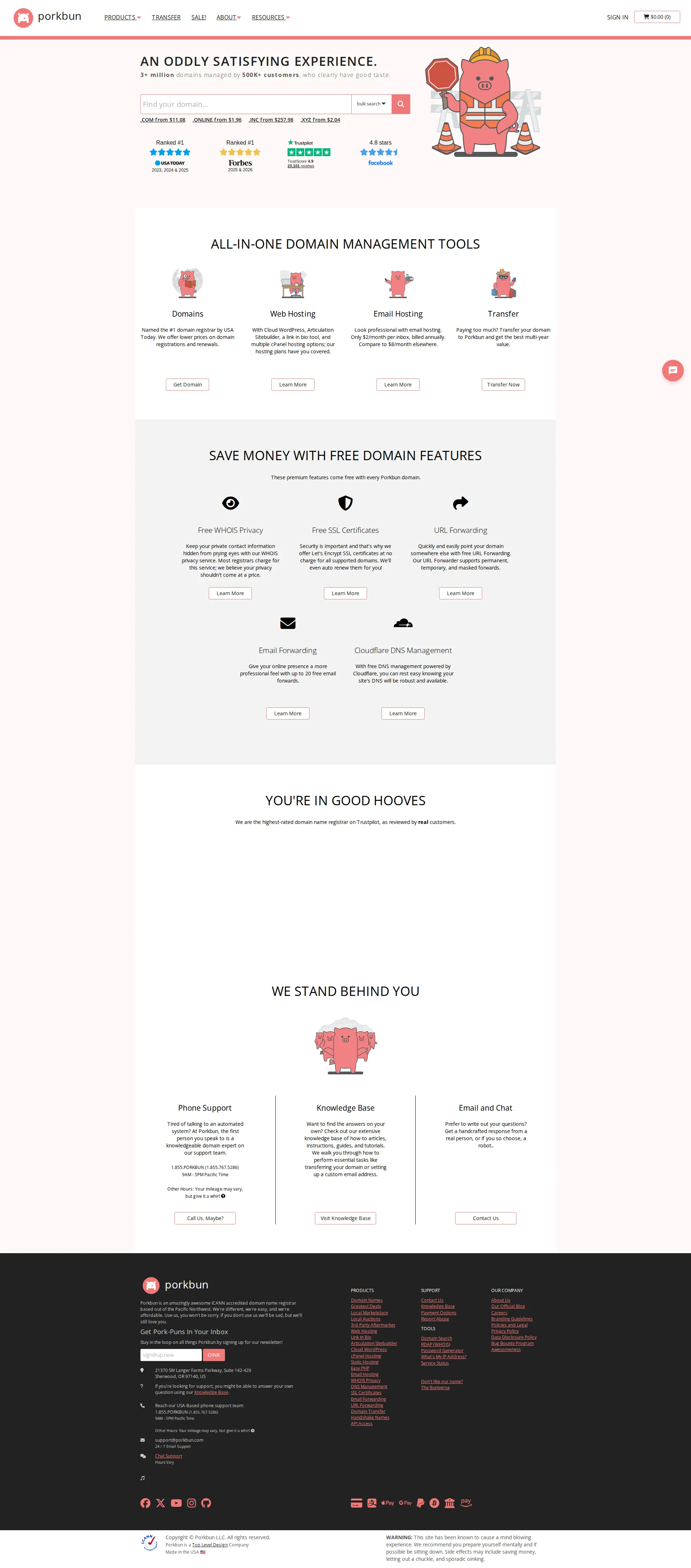 Porkbun pricing page screenshot