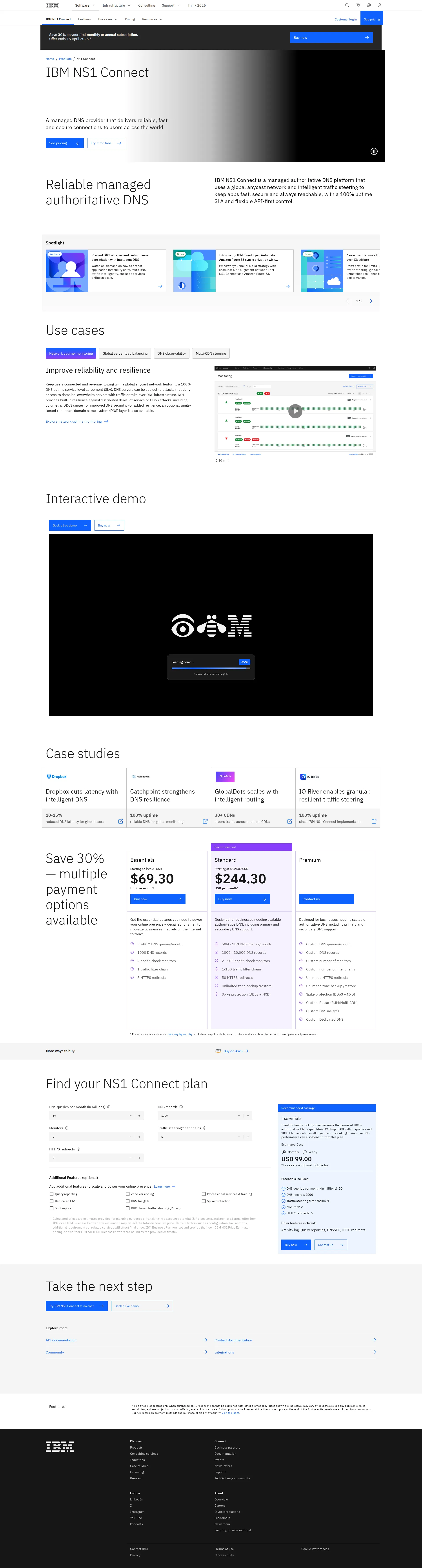 NS1 pricing page screenshot