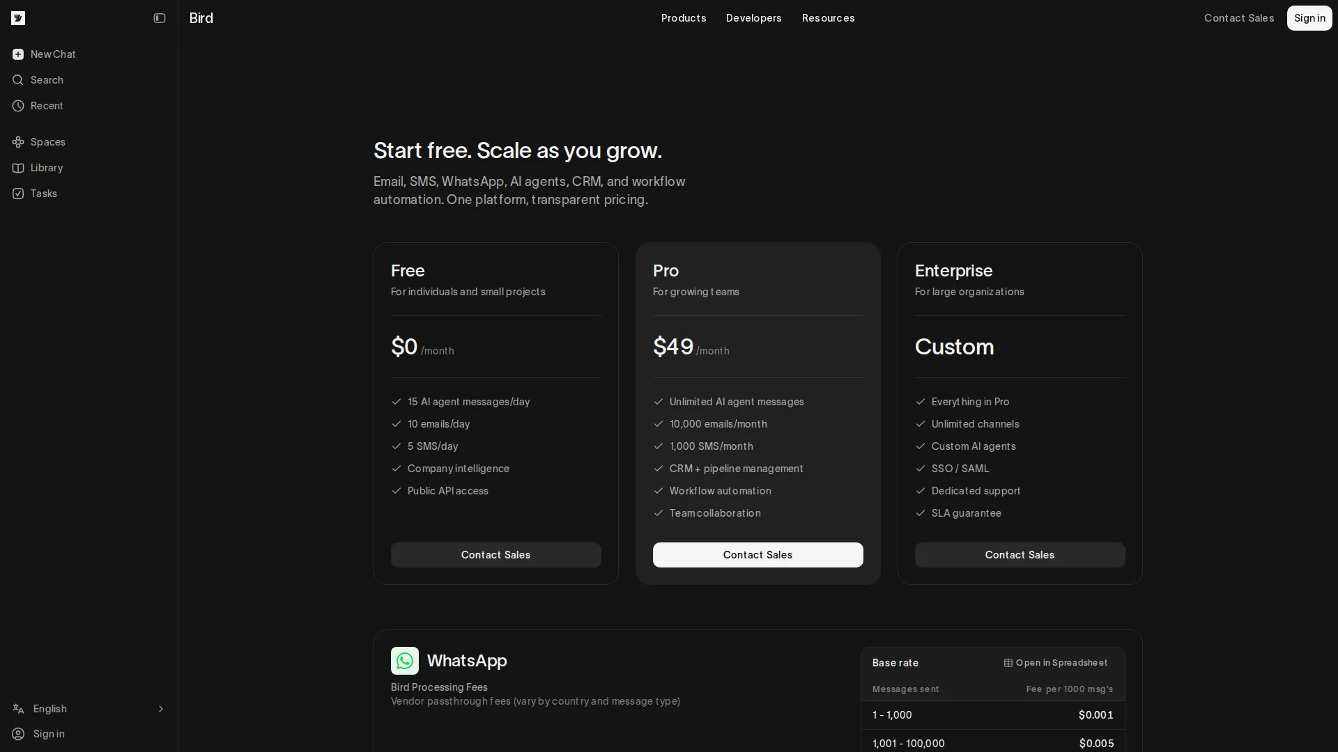 SparkPost pricing page screenshot