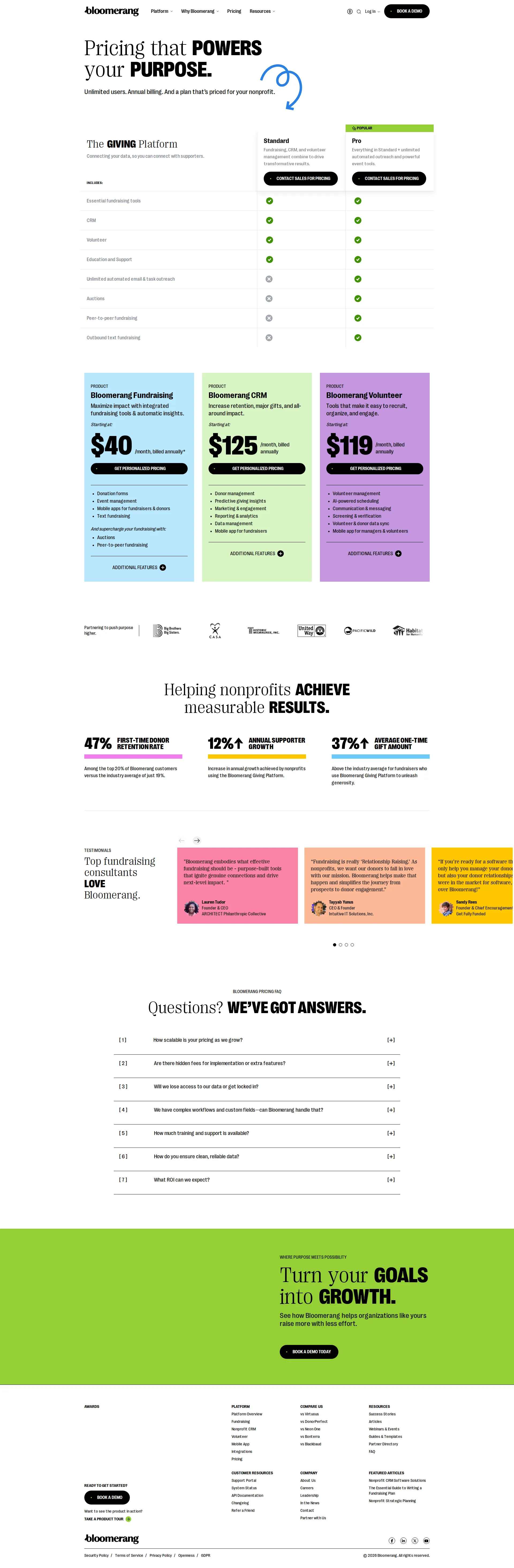 Bloomerang pricing page screenshot