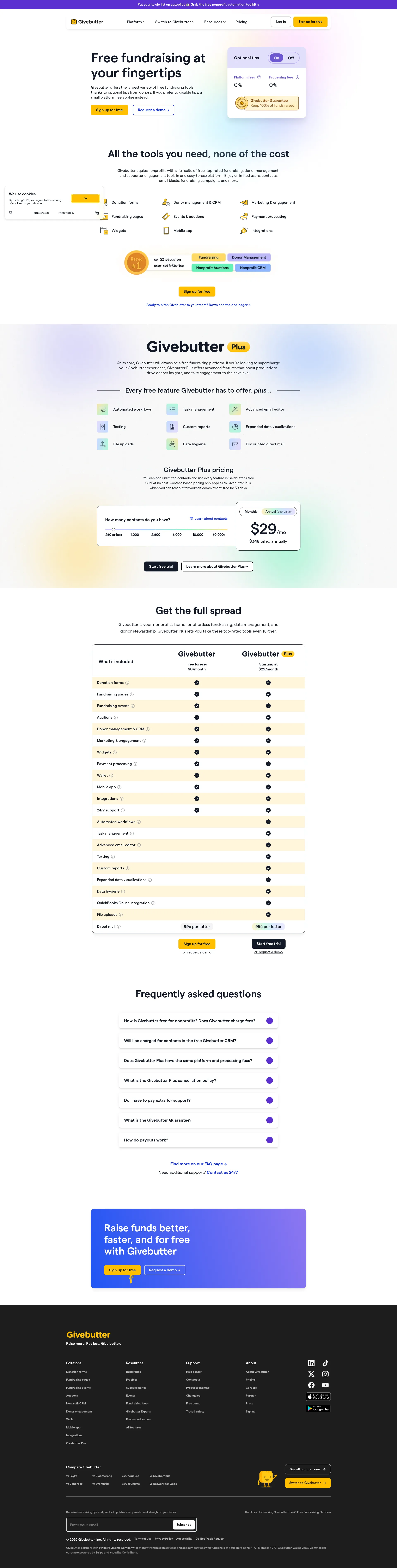 Givebutter pricing page screenshot