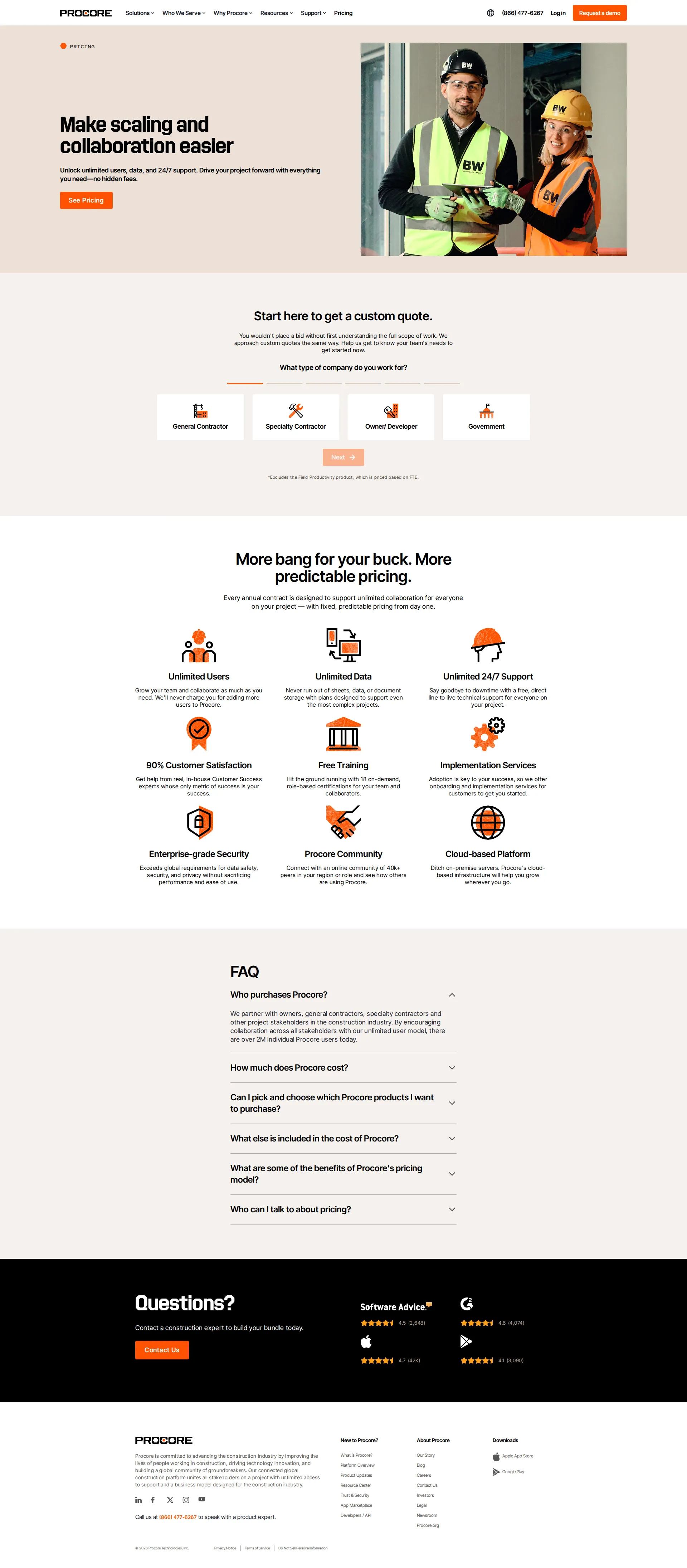 Procore pricing page screenshot