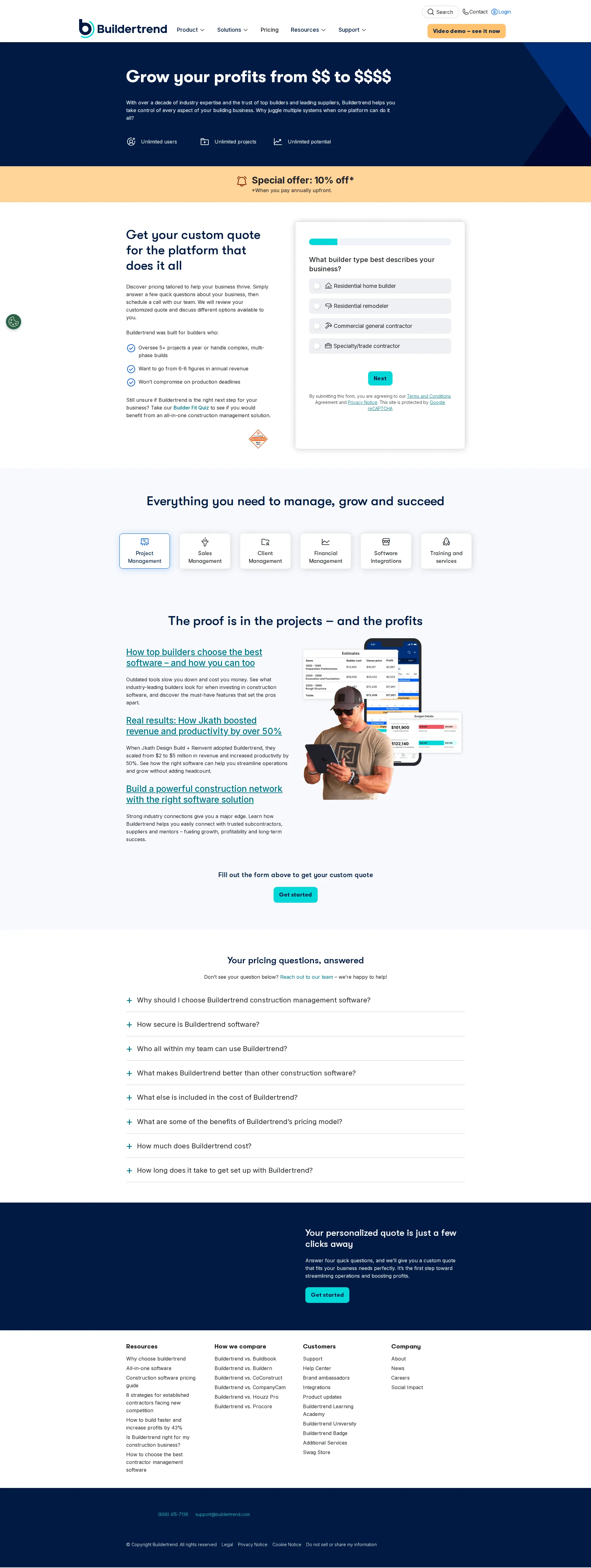 Buildertrend pricing page screenshot