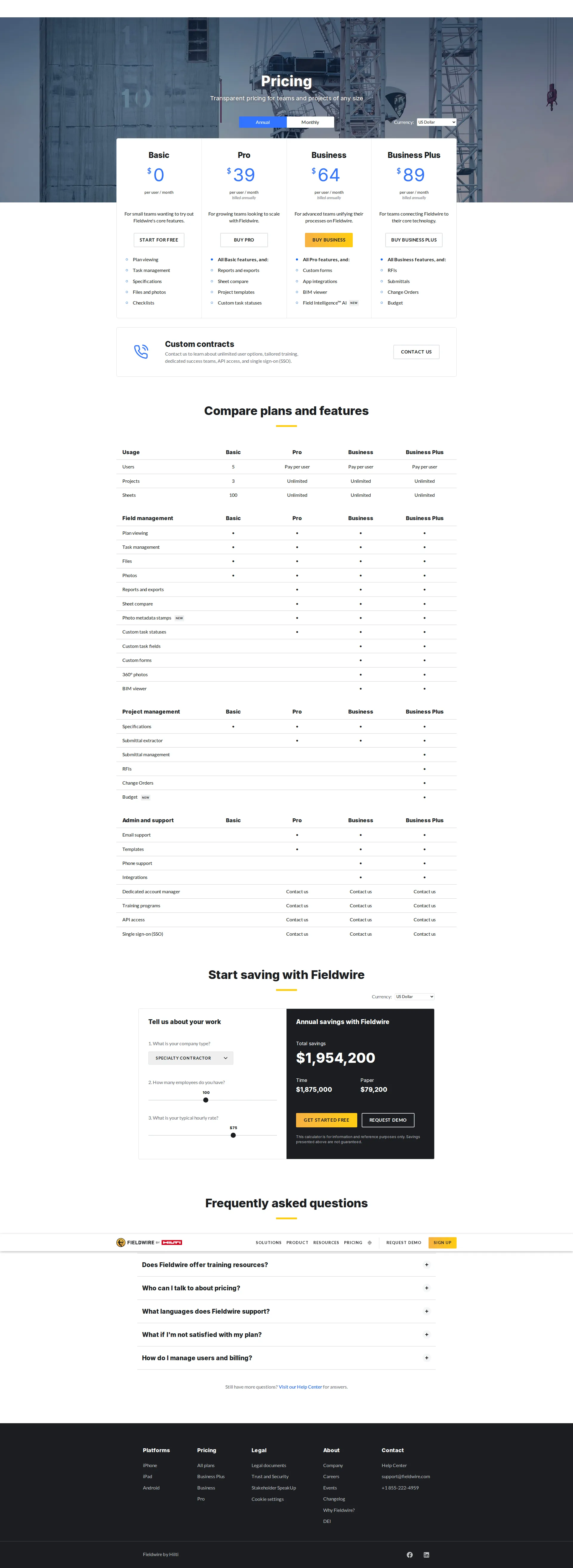 Fieldwire pricing page screenshot