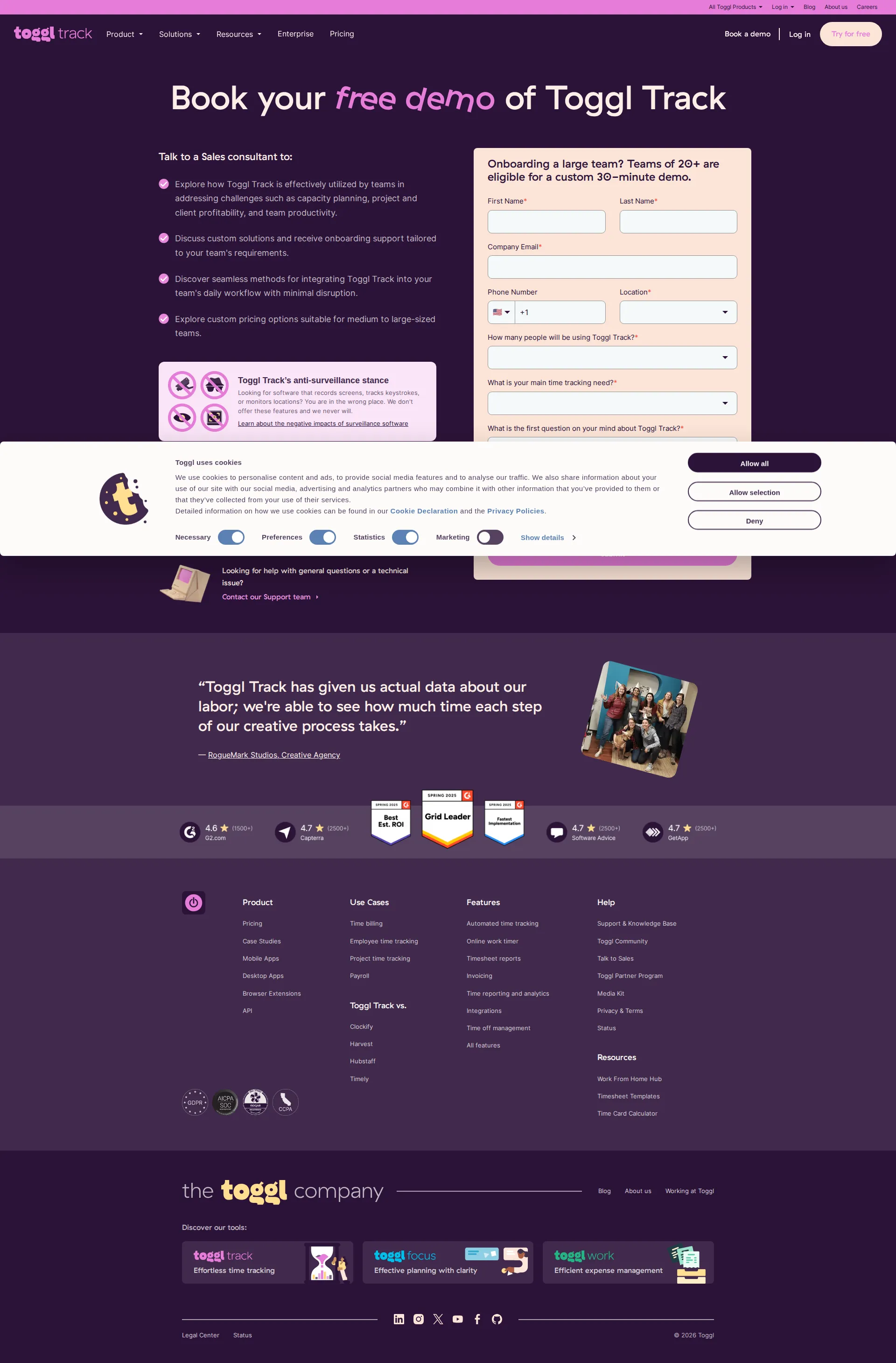 Toggl Track pricing page screenshot