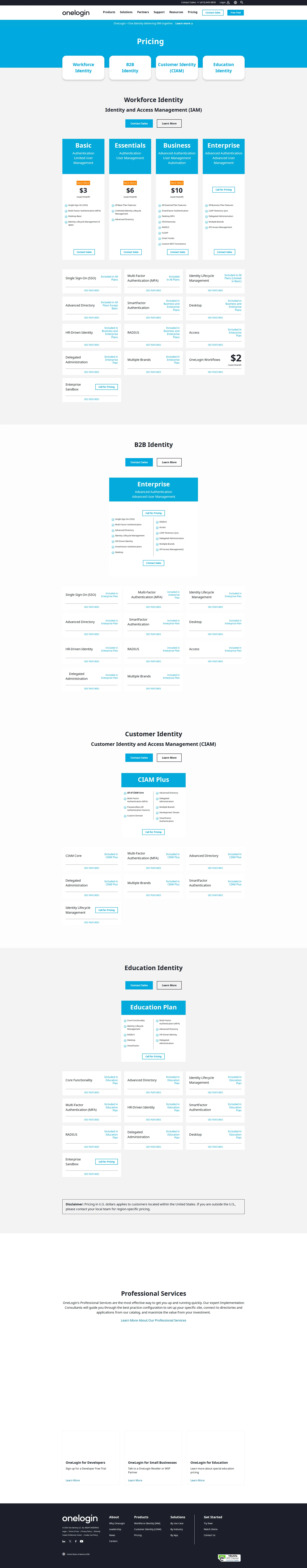 OneLogin pricing page screenshot