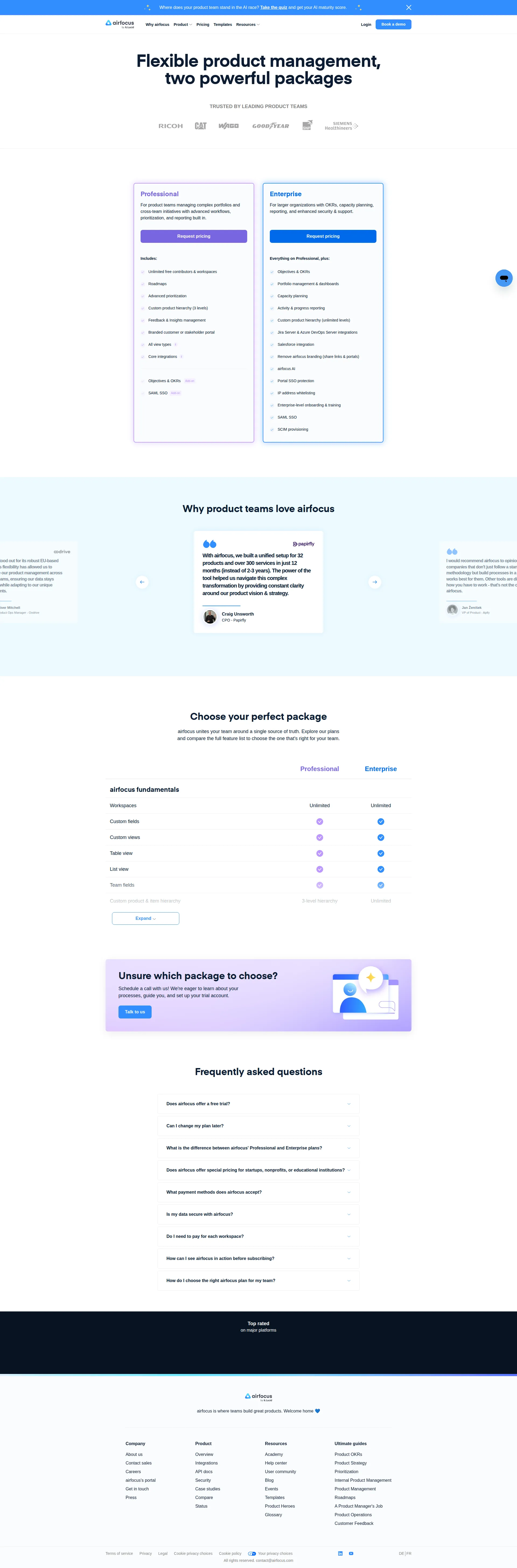 Airfocus pricing page screenshot