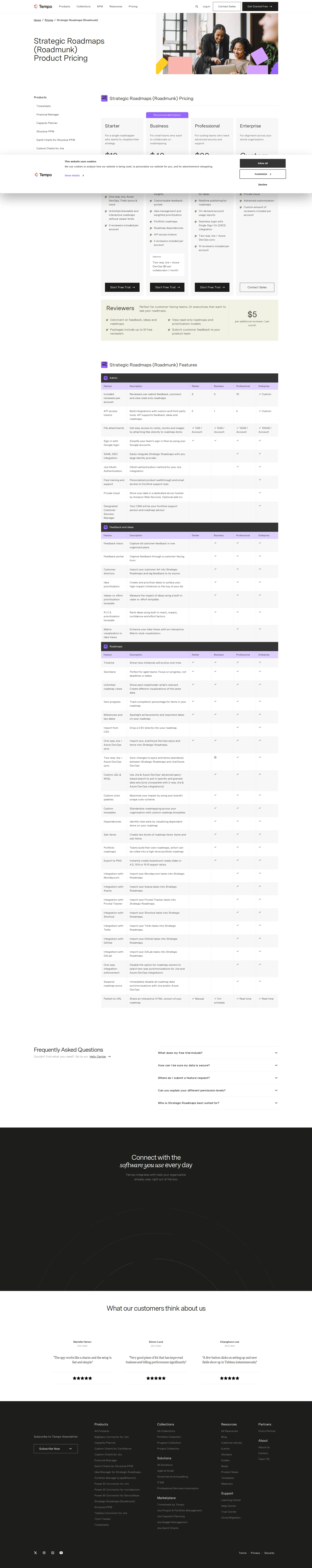 Roadmunk pricing page screenshot