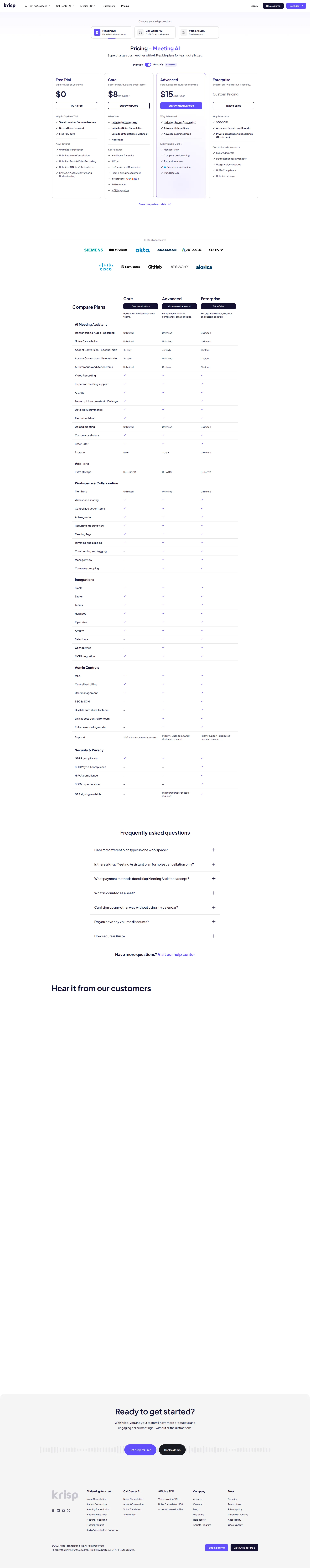 Krisp pricing page screenshot
