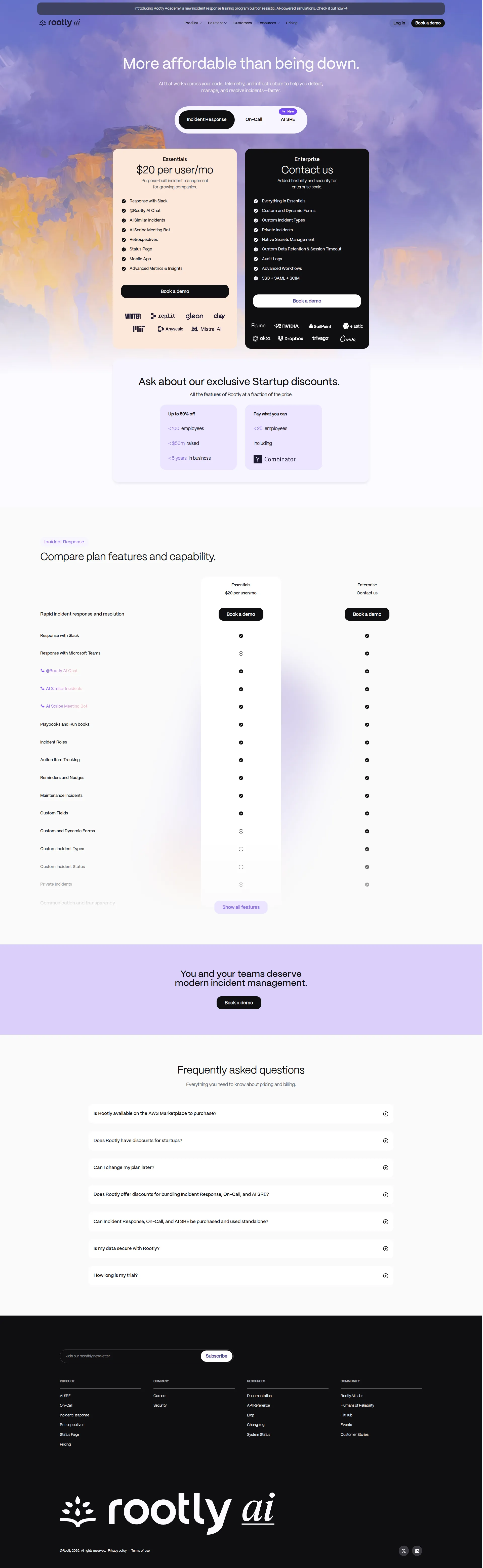 Rootly pricing page screenshot