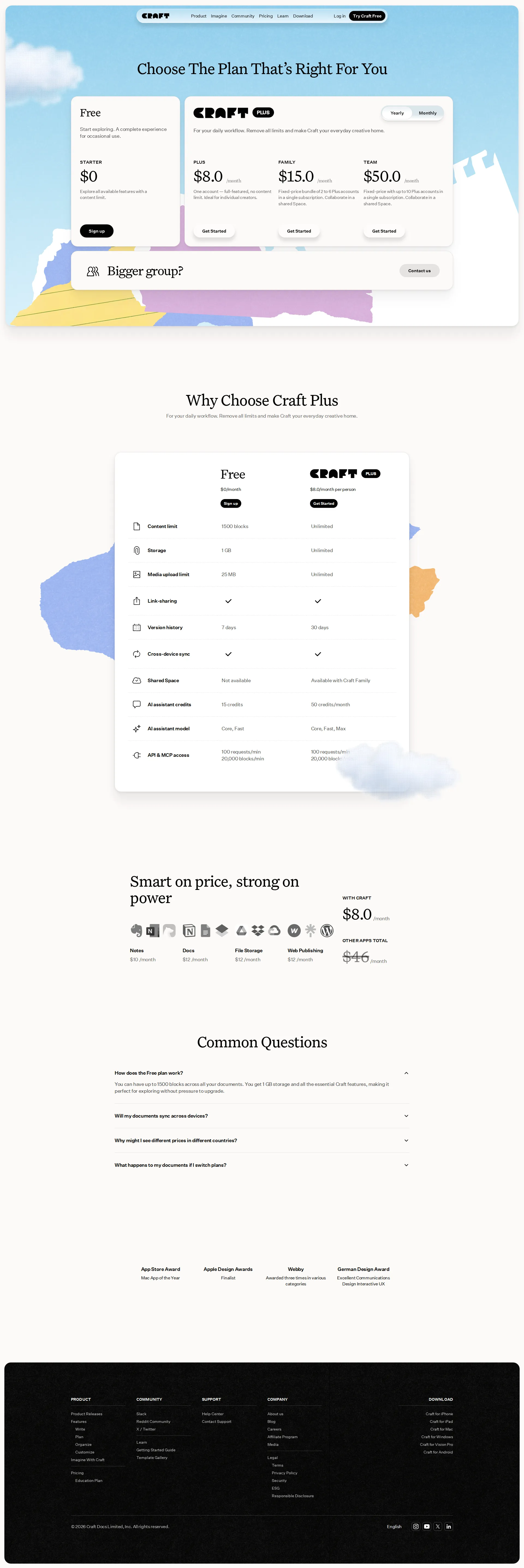 Craft Docs pricing page screenshot