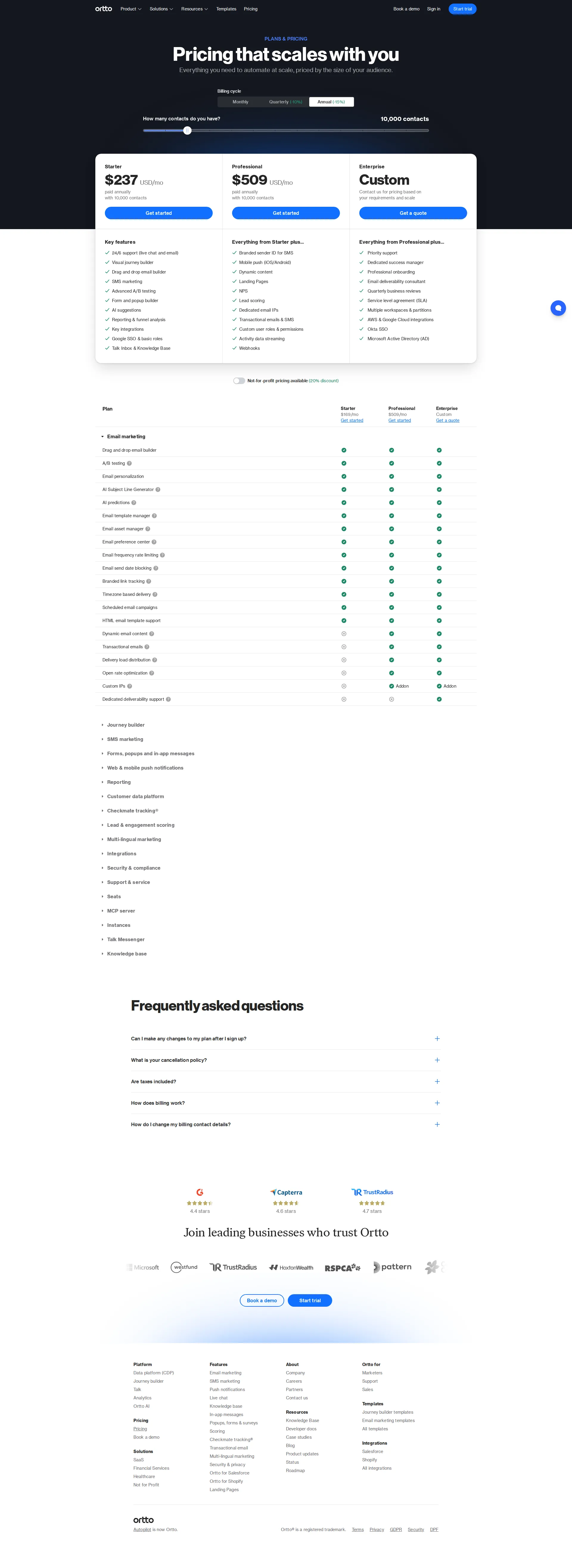 Ortto pricing page screenshot