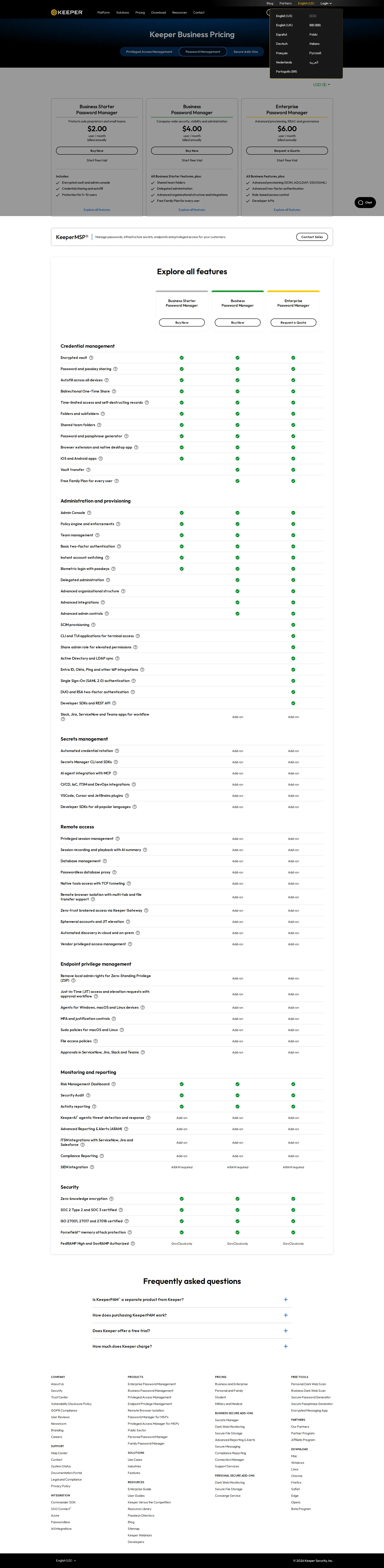 Keeper pricing page screenshot