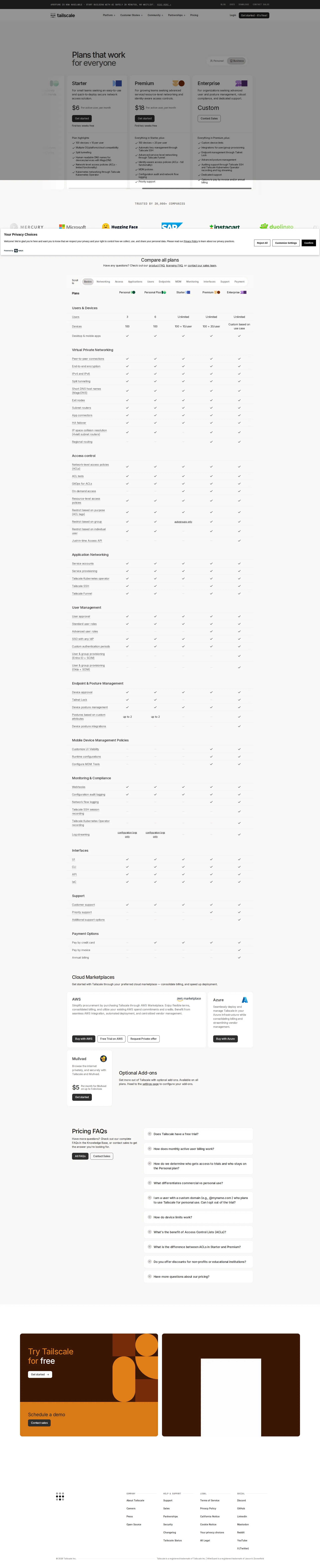 Tailscale pricing page screenshot