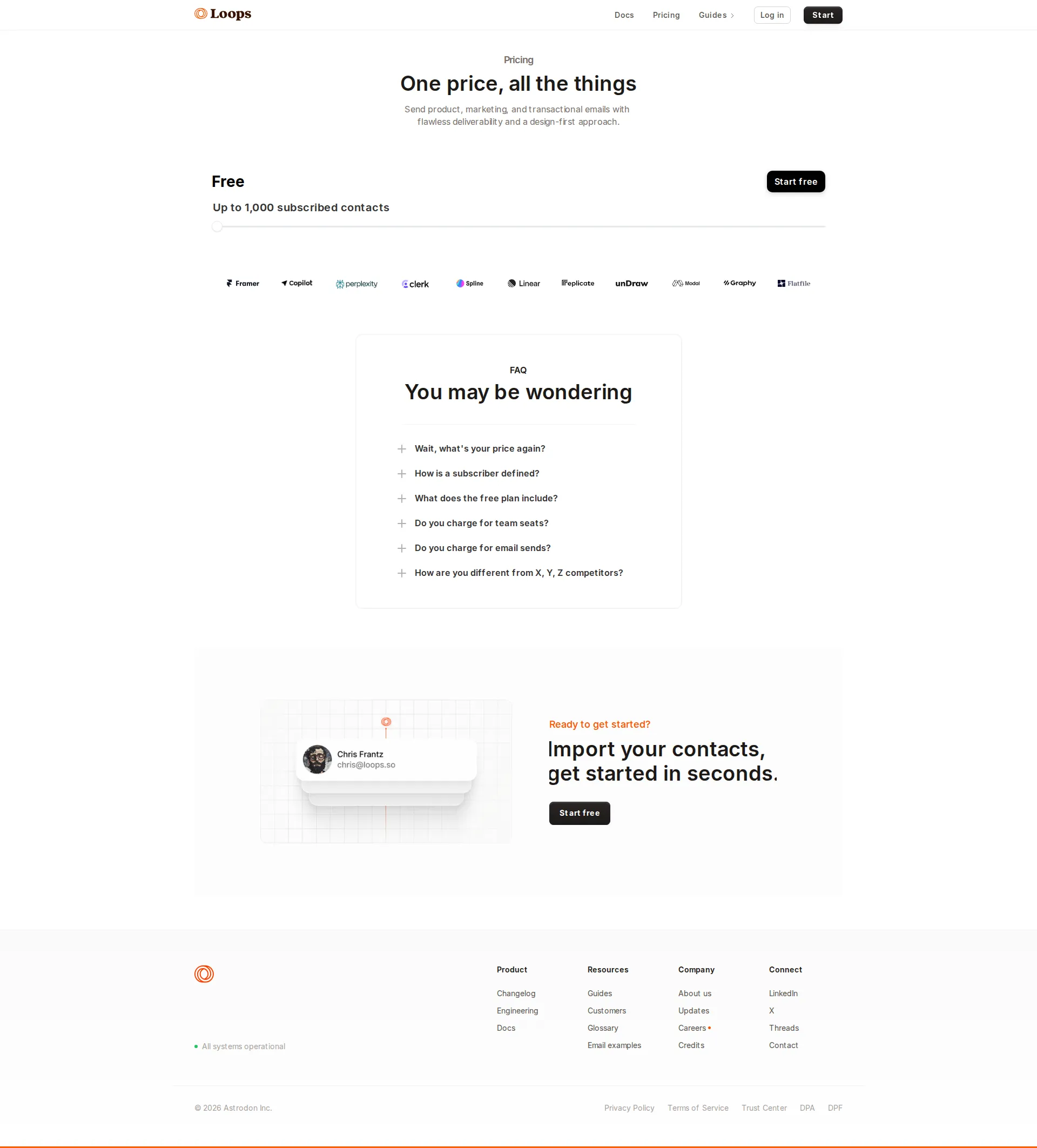 Loops pricing page screenshot