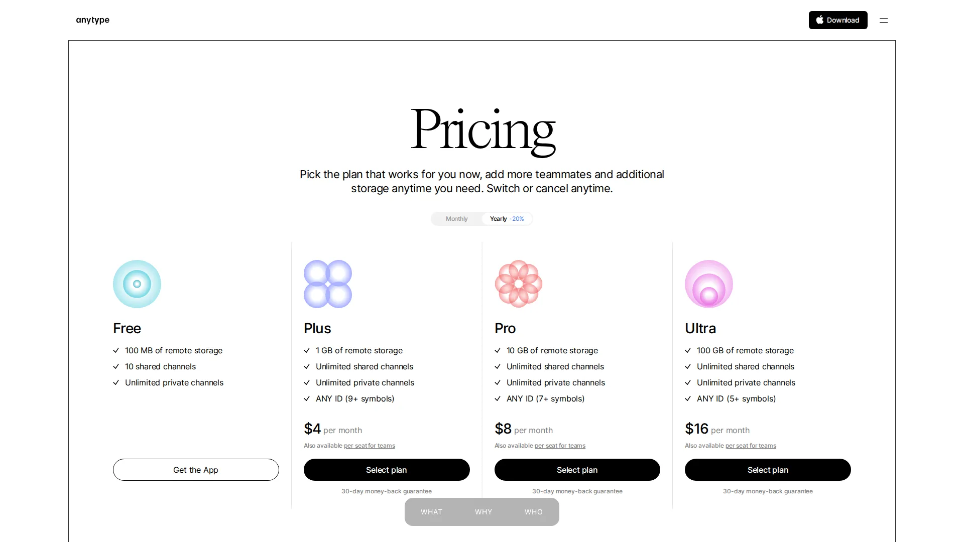 Anytype pricing page screenshot