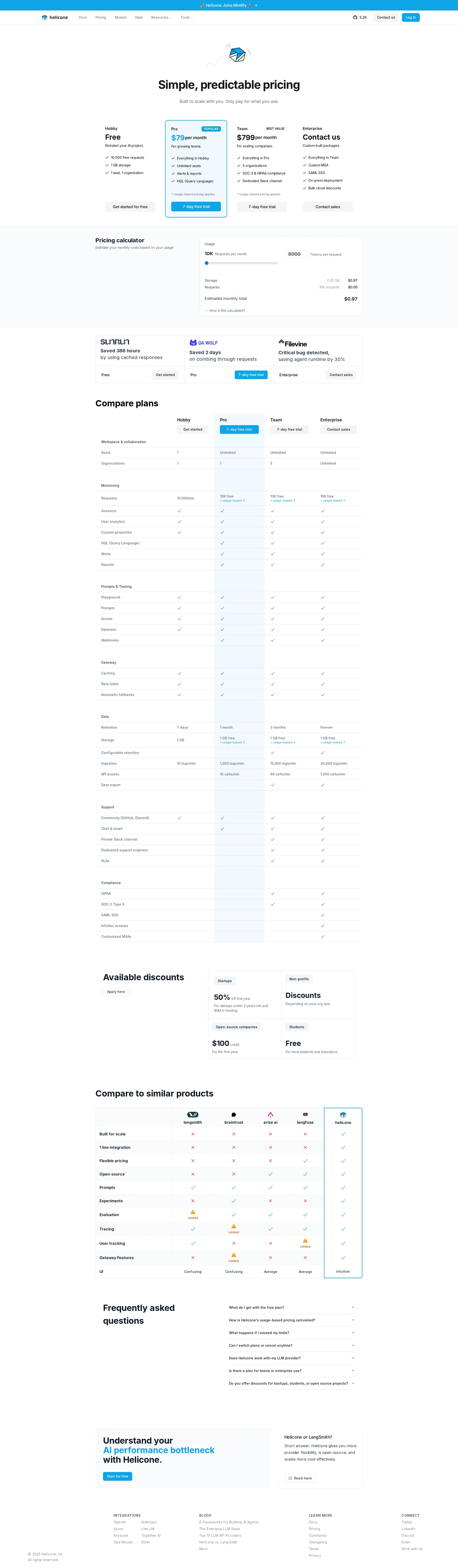 Helicone pricing page screenshot